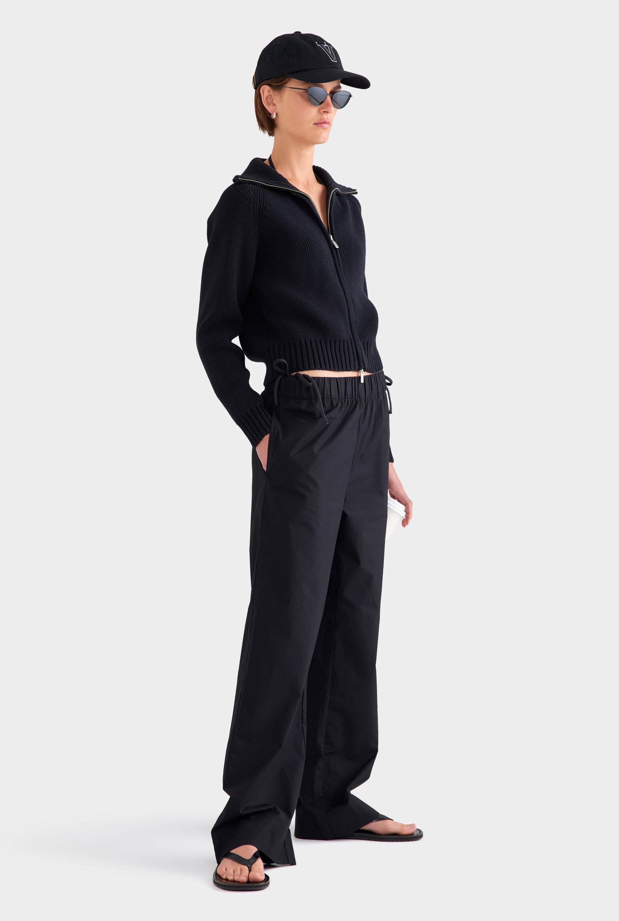Cotton Funnel Neck Zip Up Sweater - Black