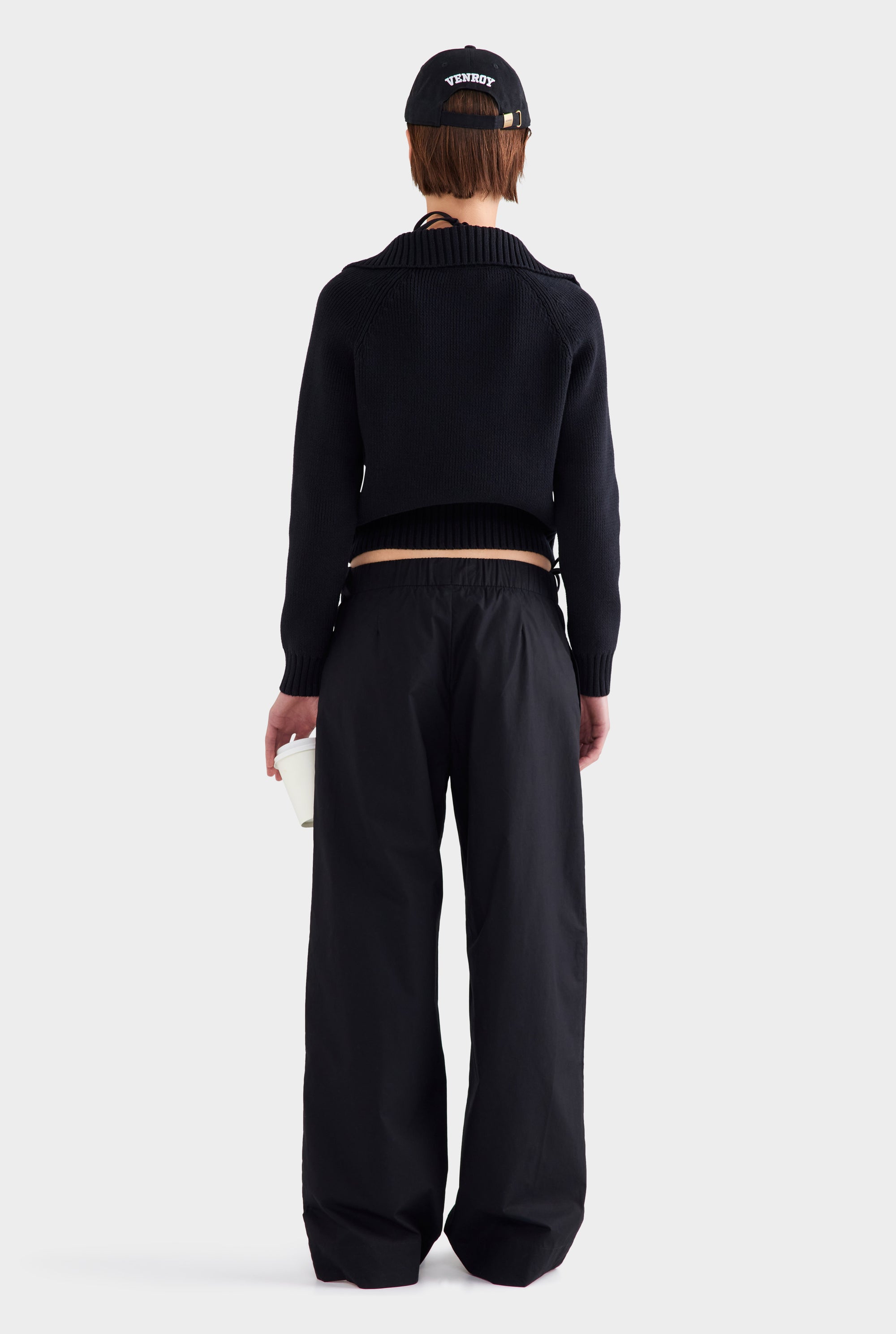 Cotton Funnel Neck Zip Up Sweater - Black
