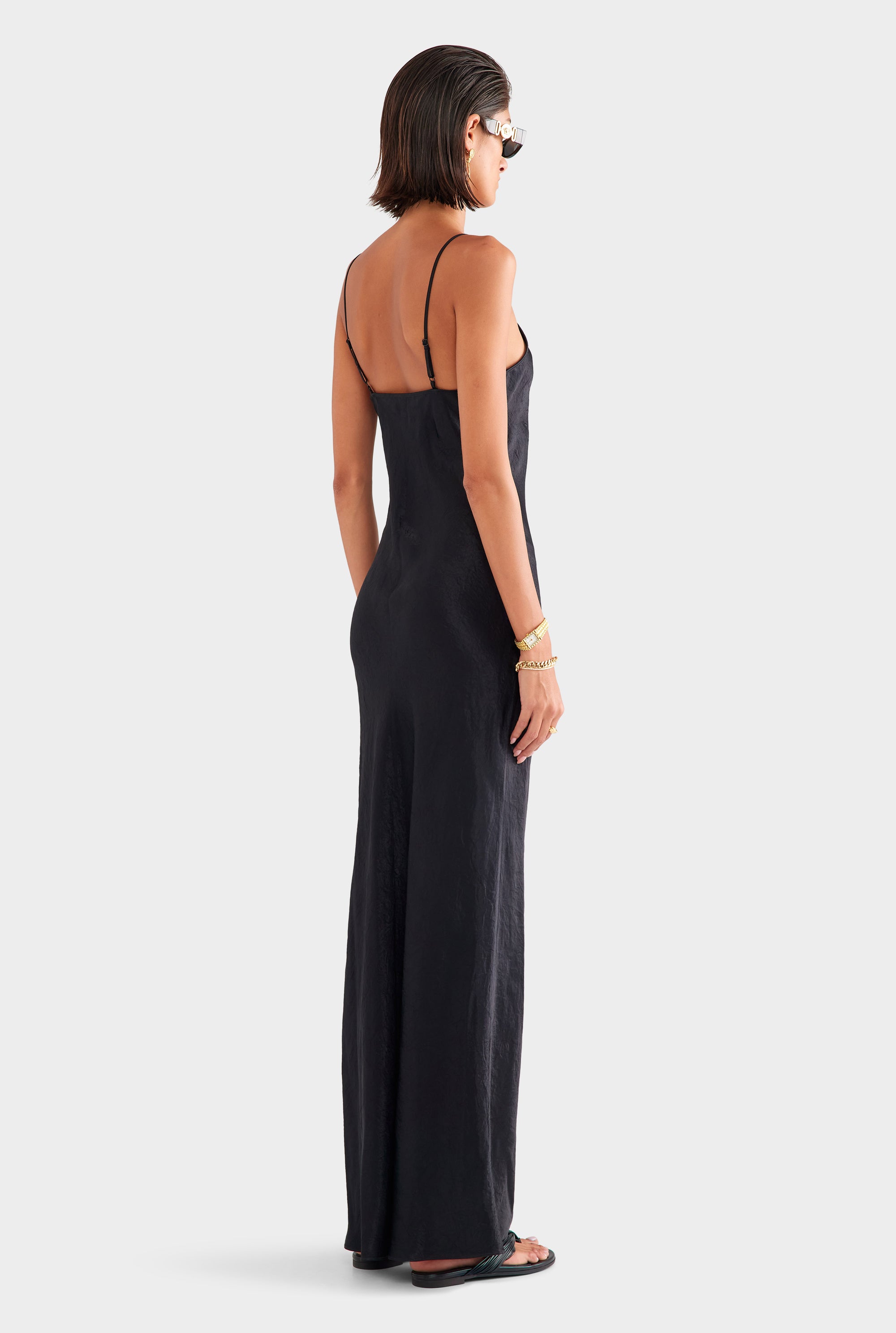 Crushed Satin Slip Dress - Black