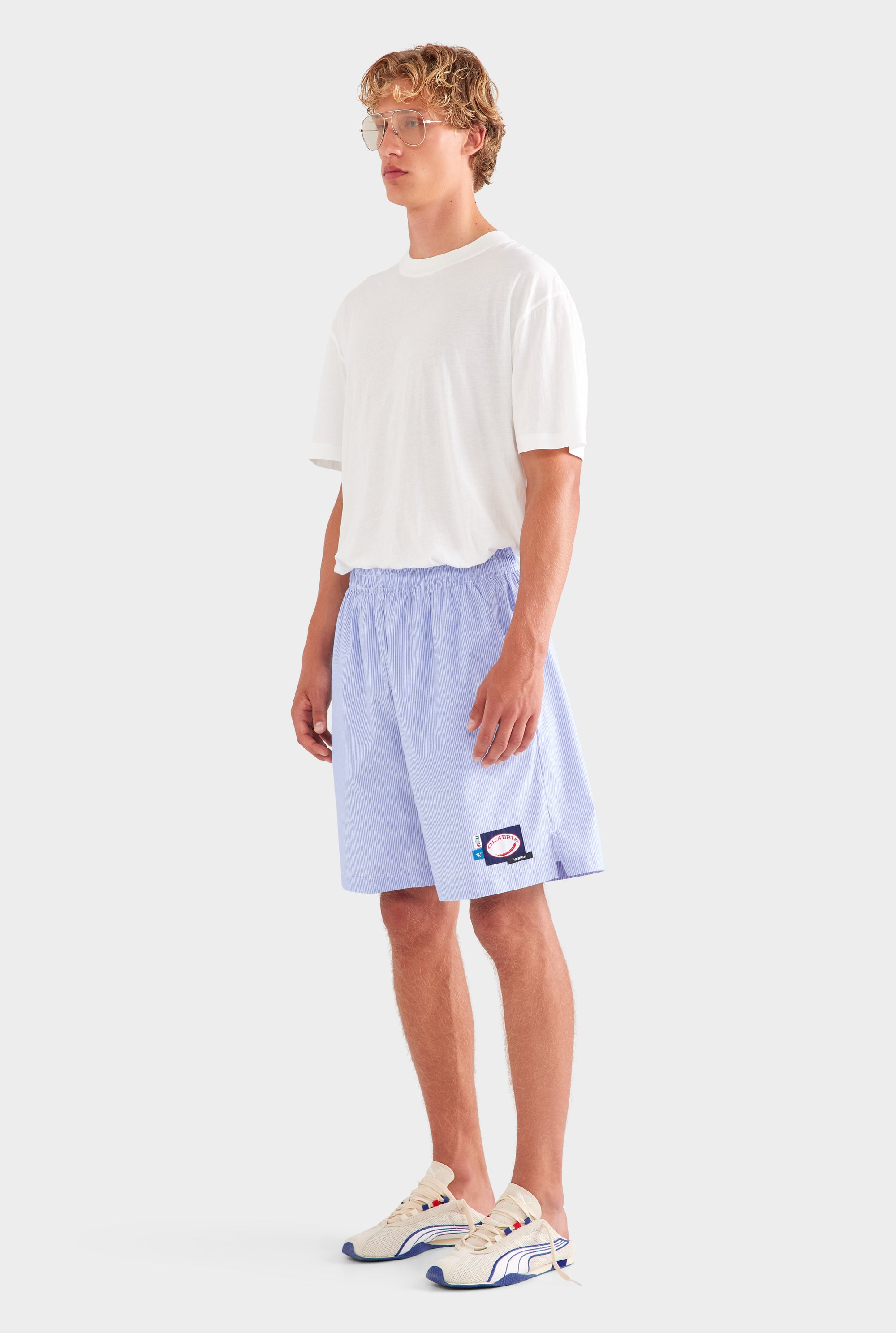 Longline Stripe Boxer Short - Blue Stripe/Multi Patch