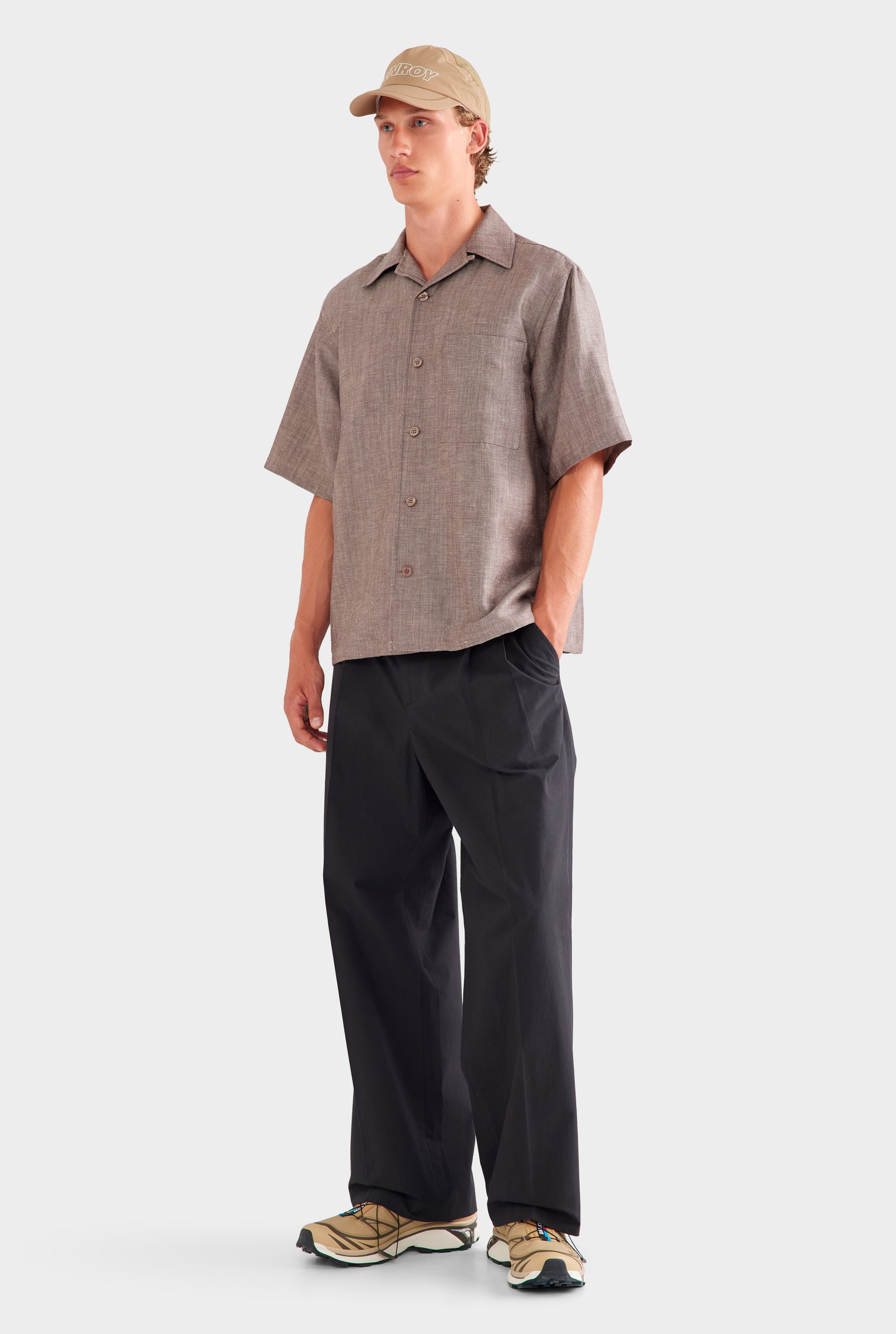 Oversized Wool Linen Short Sleeve Shirt - Brown