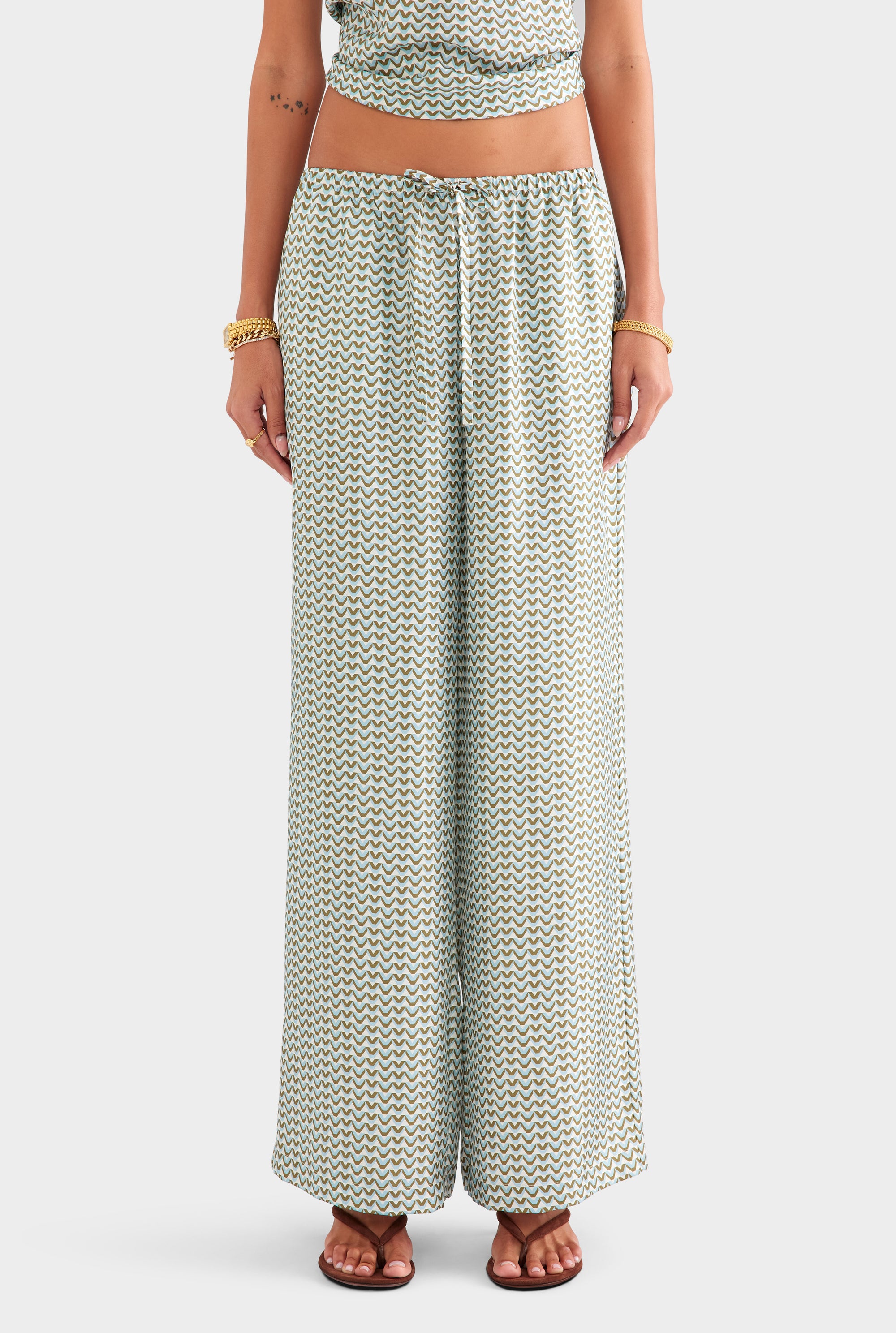 Relaxed Silk Drawstring Pant - Cream/Blue/Olive V Monogram