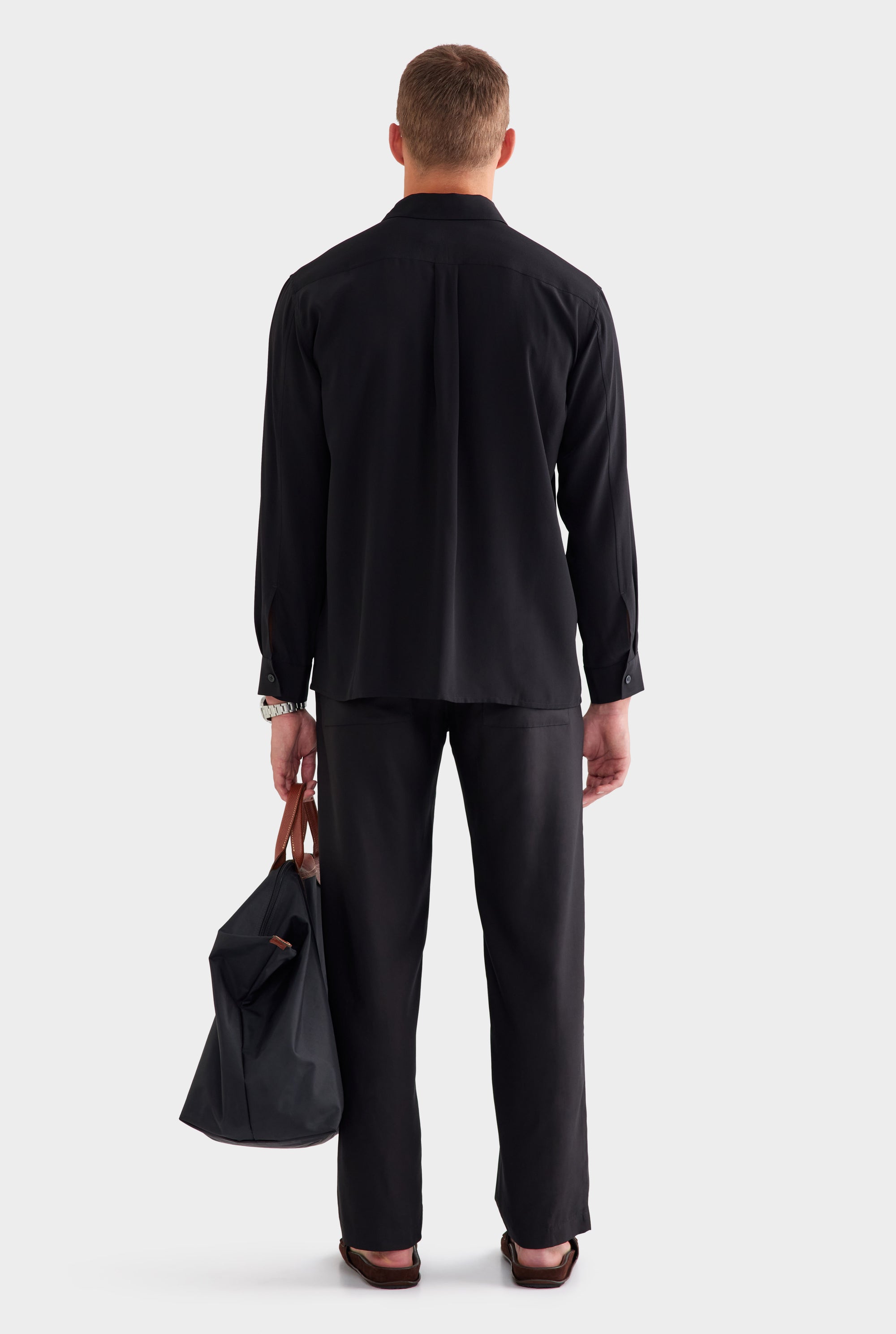 Relaxed Silk Long Sleeve Shirt - Black