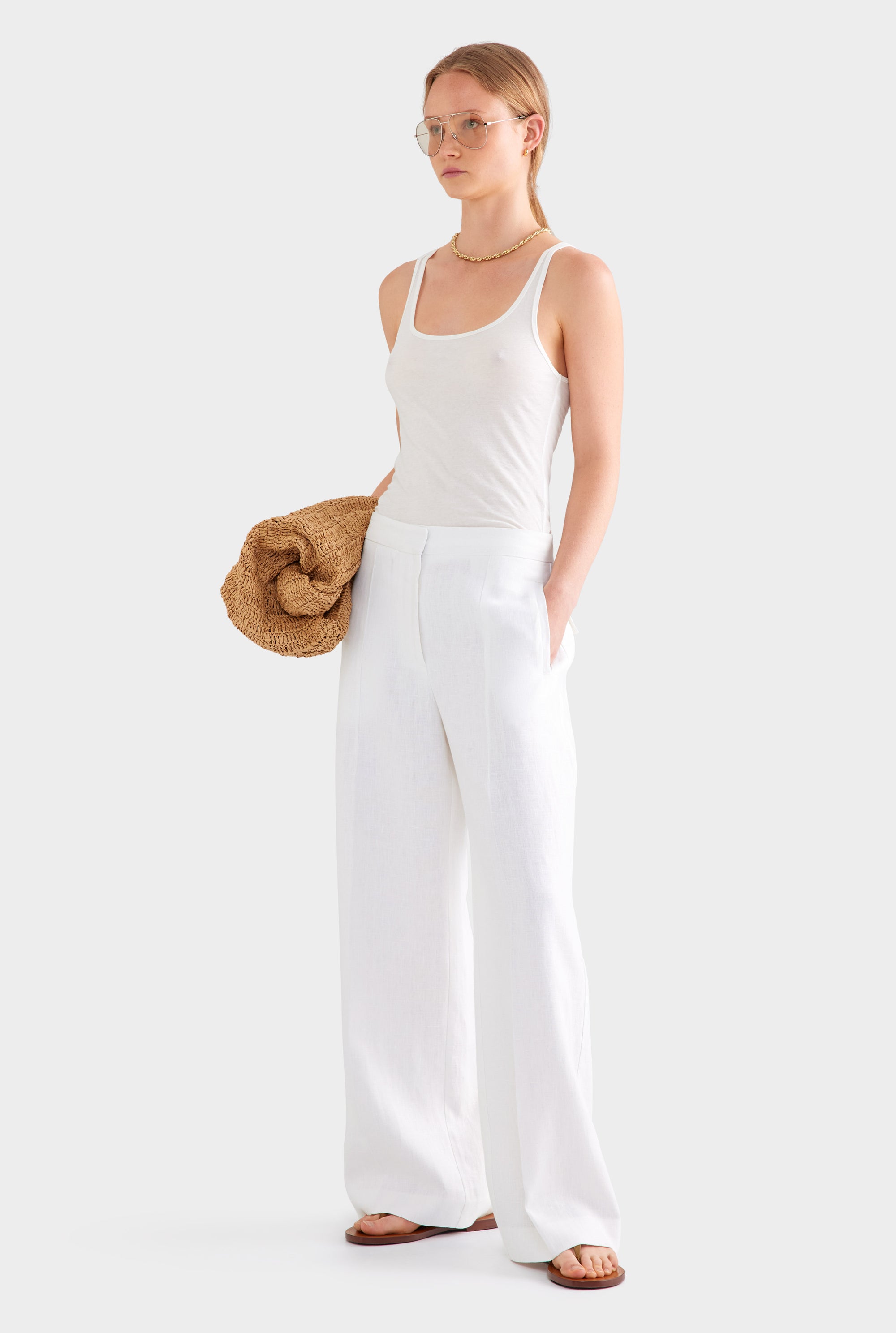 Panelled Linen Pant - White