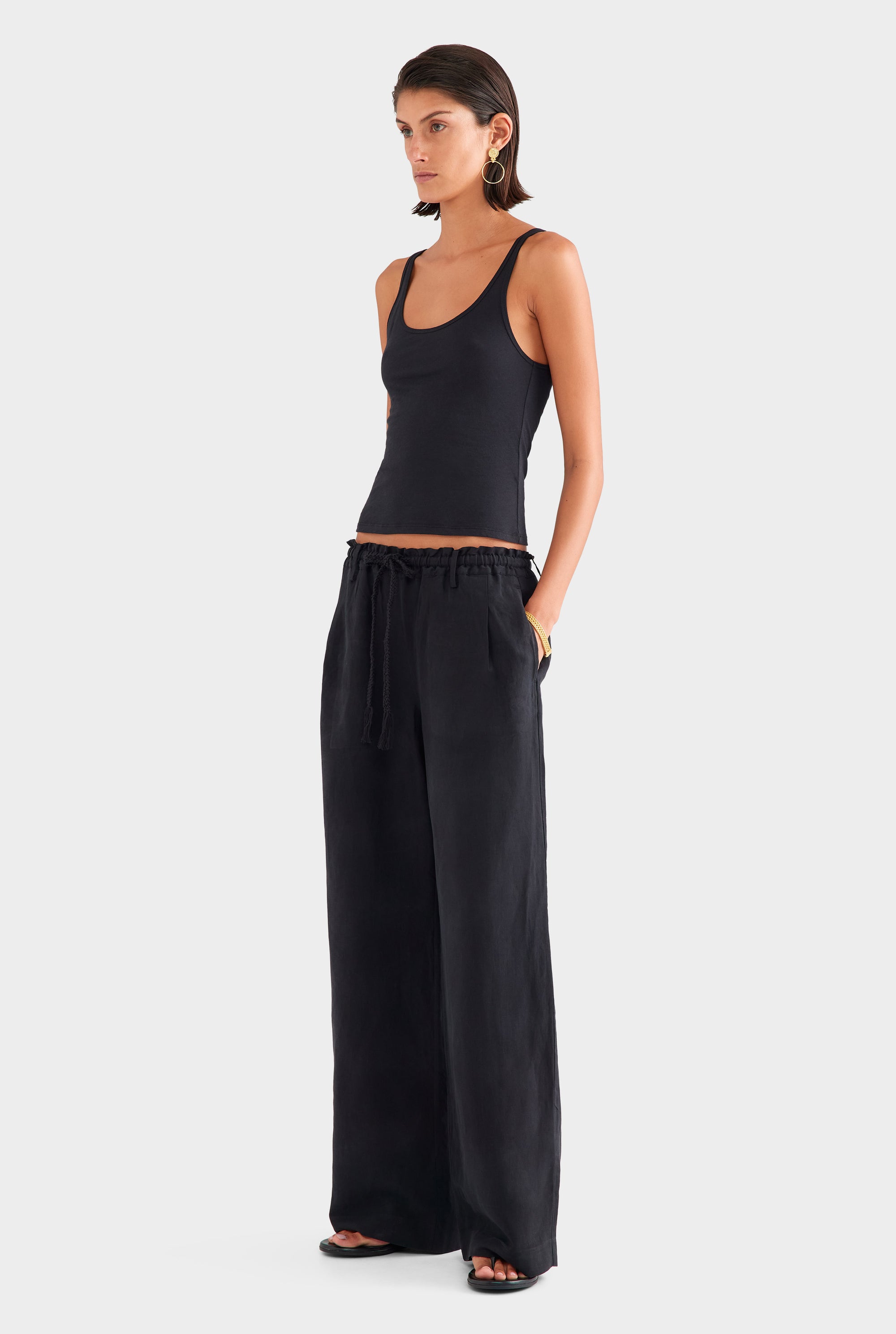 Silk Linen Paperbag Pant - Black