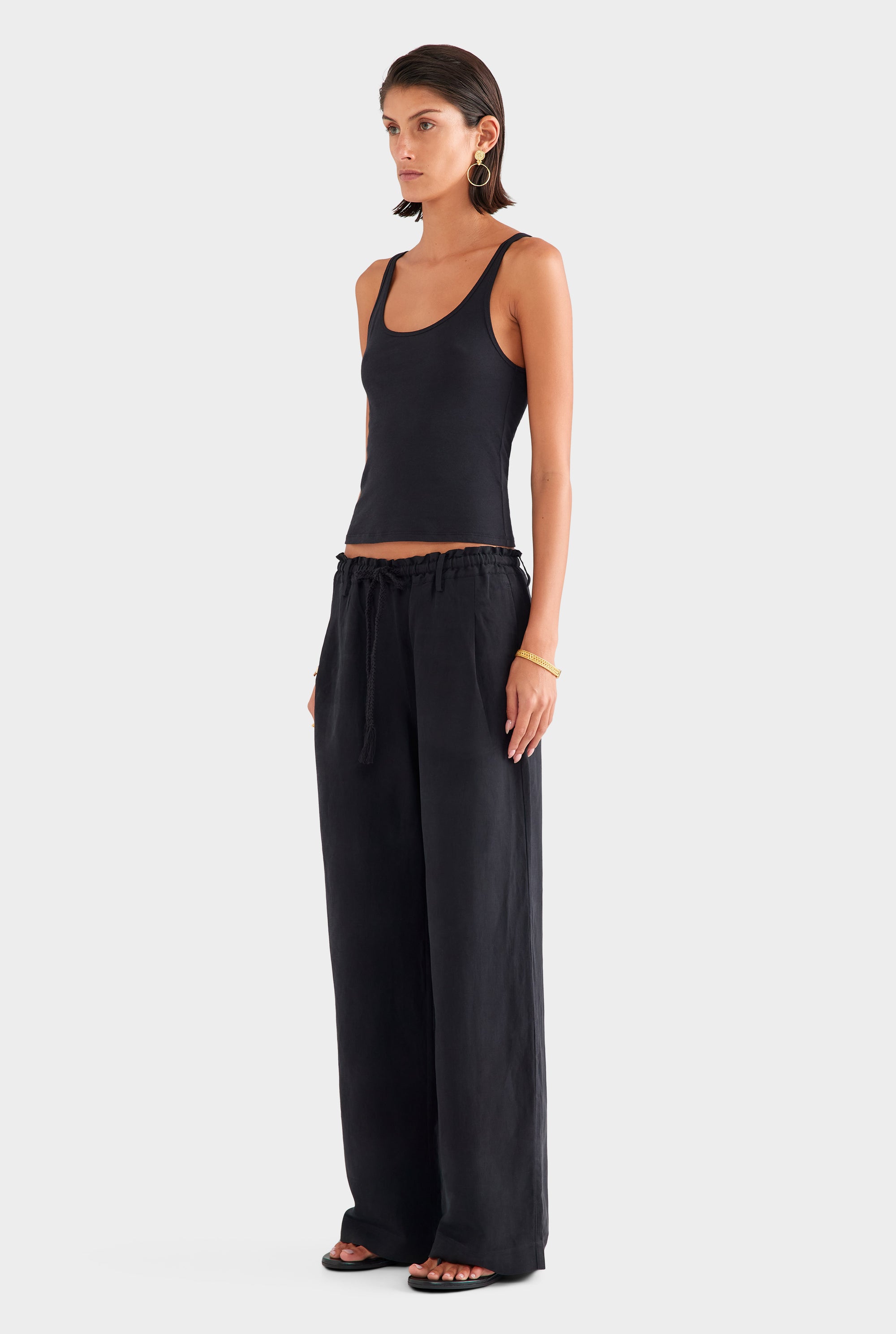 Silk Linen Paperbag Pant - Black