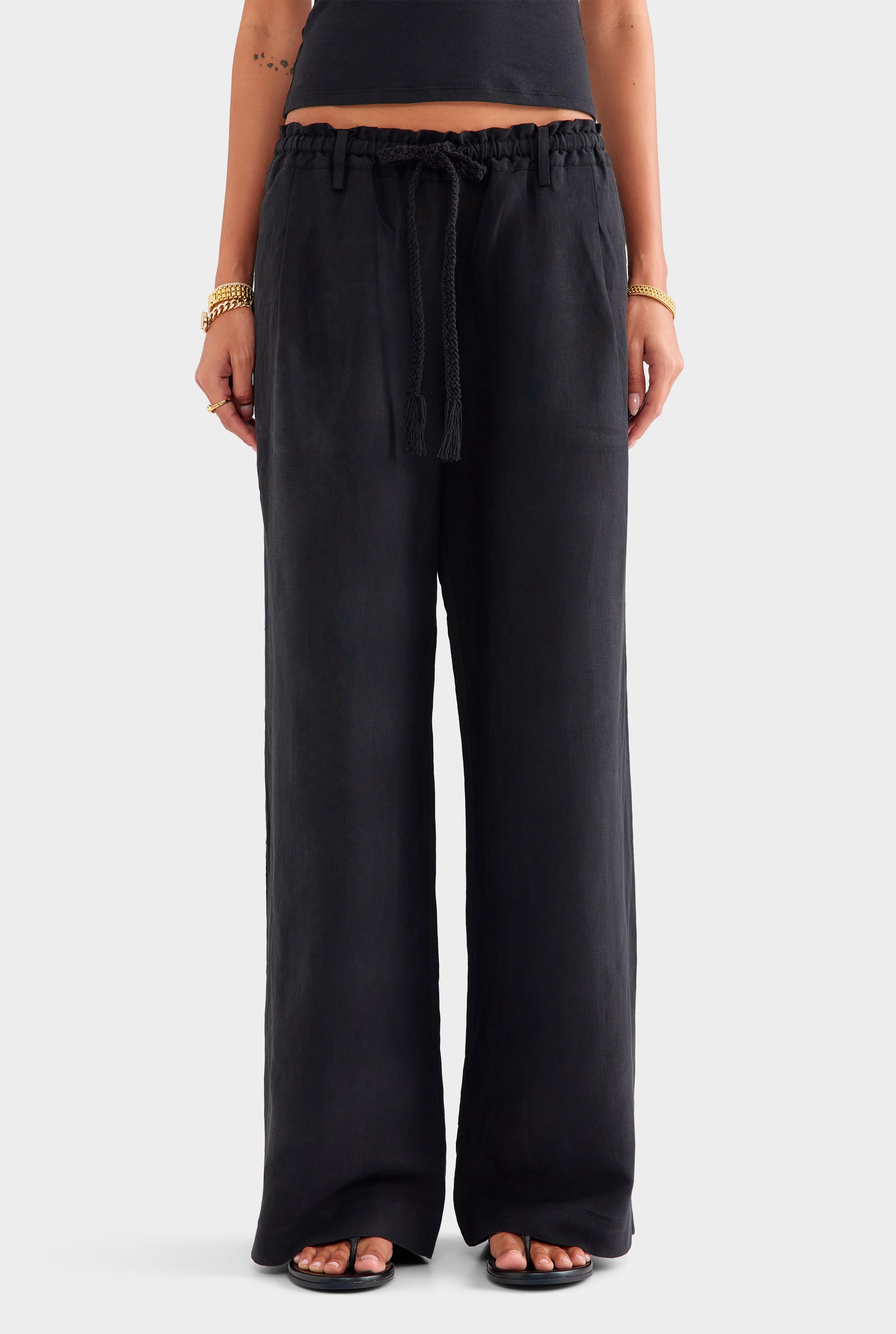 Silk Linen Paperbag Pant - Black