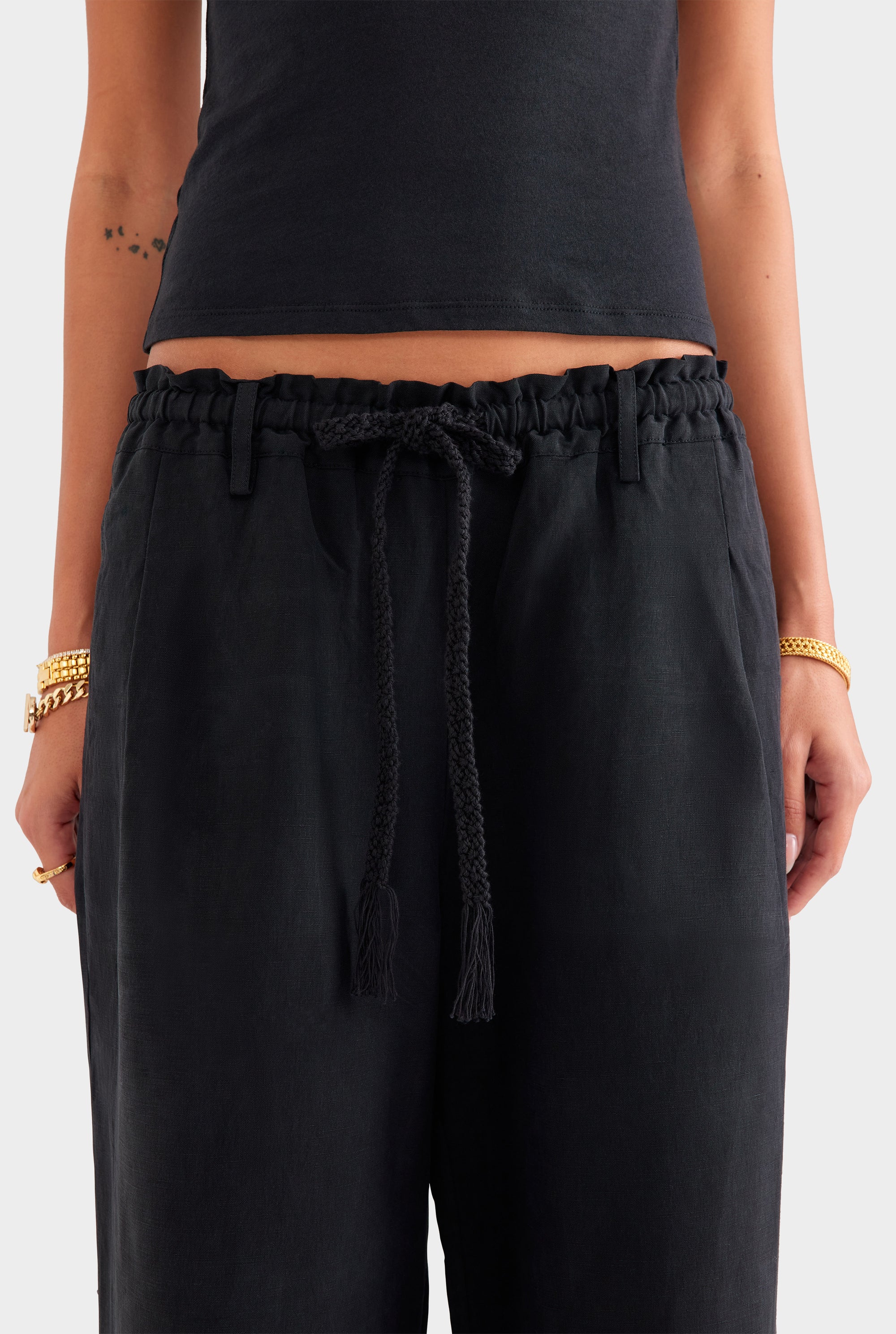 Silk Linen Paperbag Pant - Black