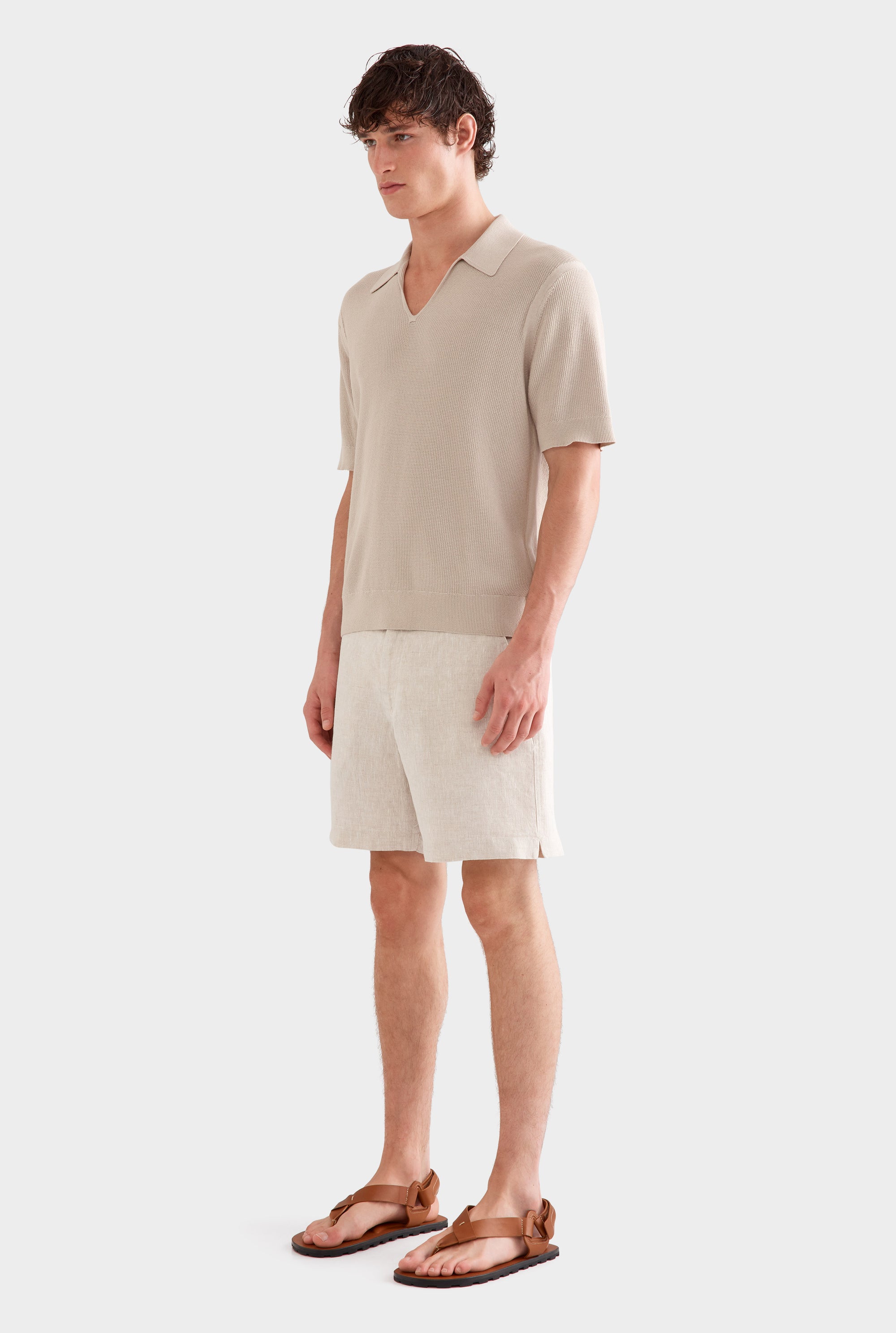 Textured Cotton Open Neck Shirt - Taupe