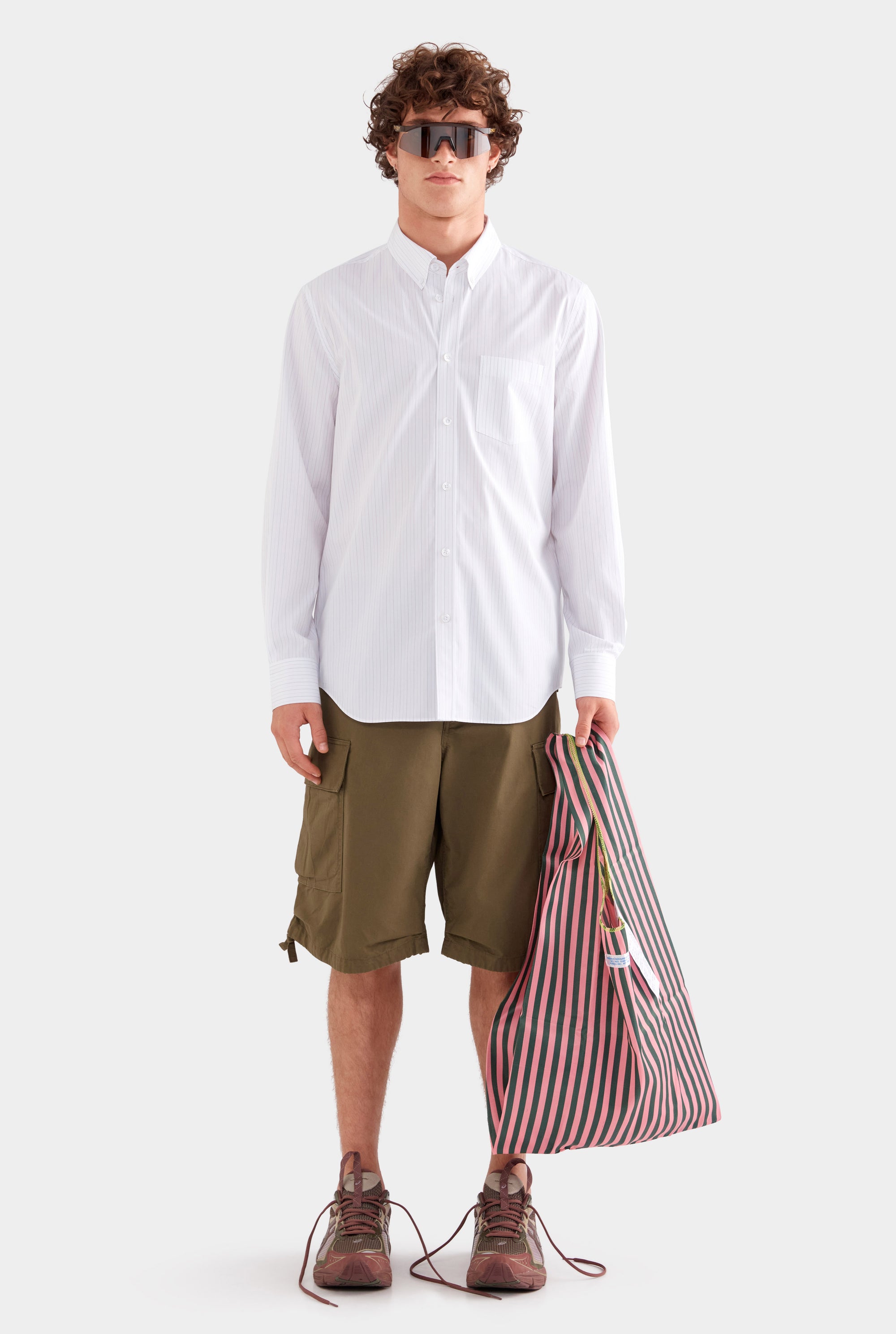 Striped Classic Cotton Shirt - Off White/Sage/Peach Pinstripe