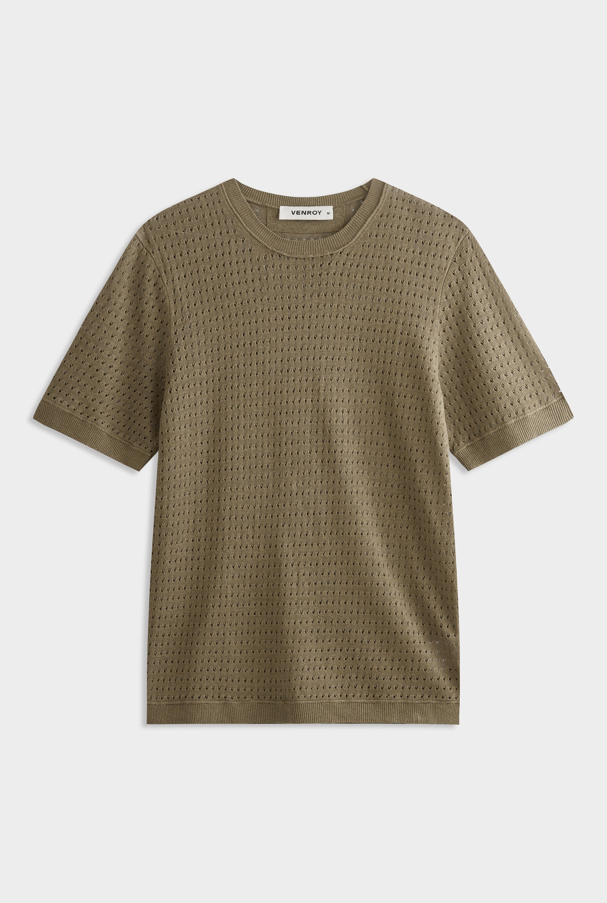 Linen Raw Edge Detail Knit T-Shirt - Sepia