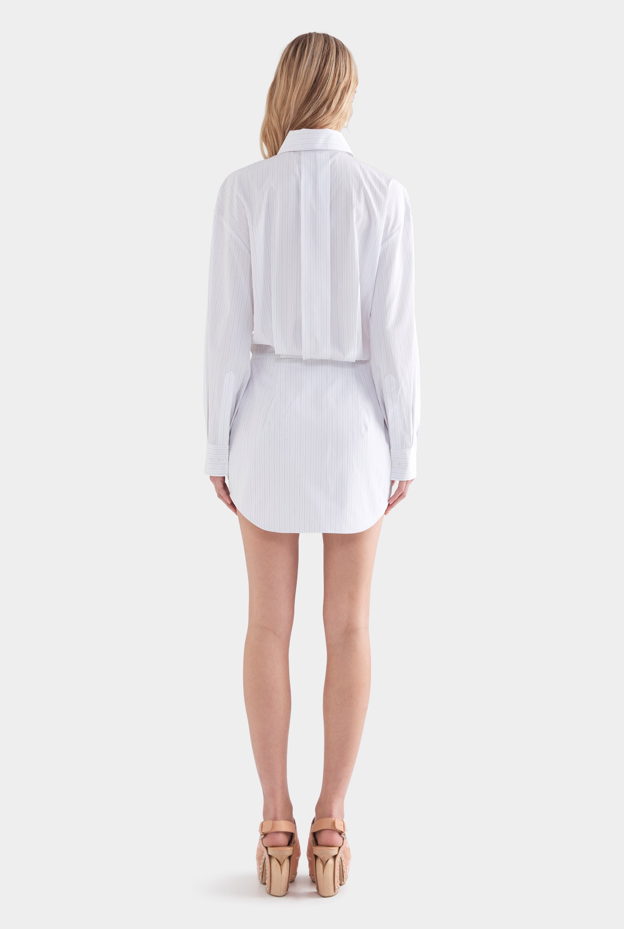 Cotton Shirt Mini Dress - White/Sage/Peach Pinstripe