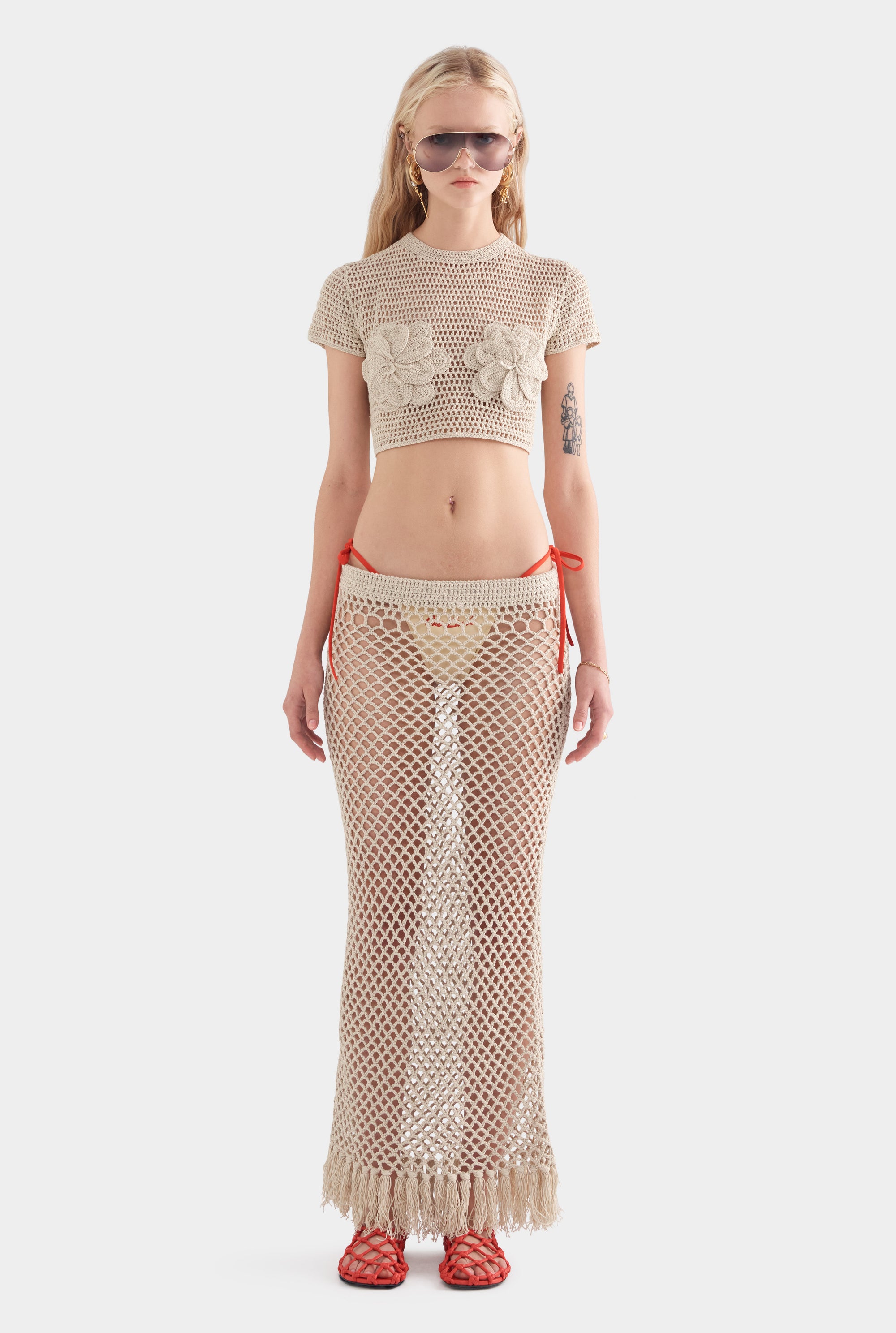Floral Crochet Cotton Cropped Tee - Natural