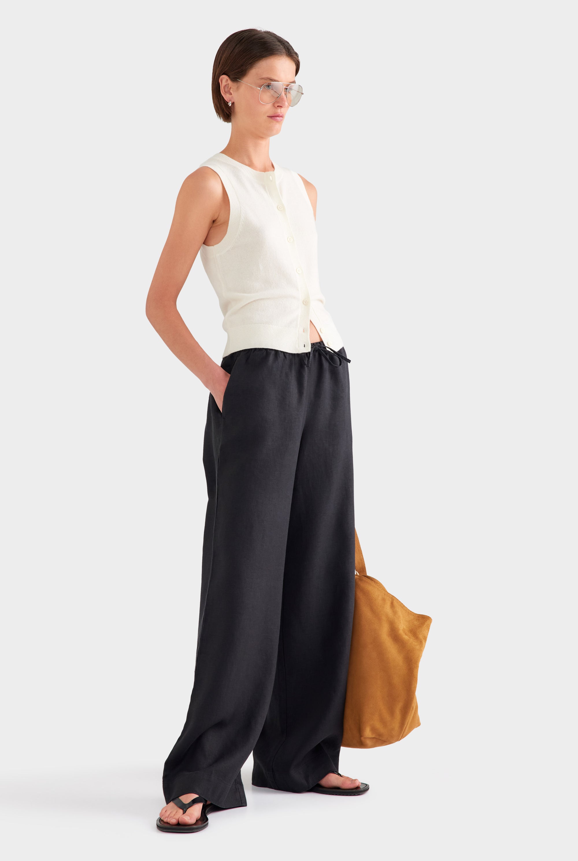 Heavyweight Wide Leg Linen Pant - Black