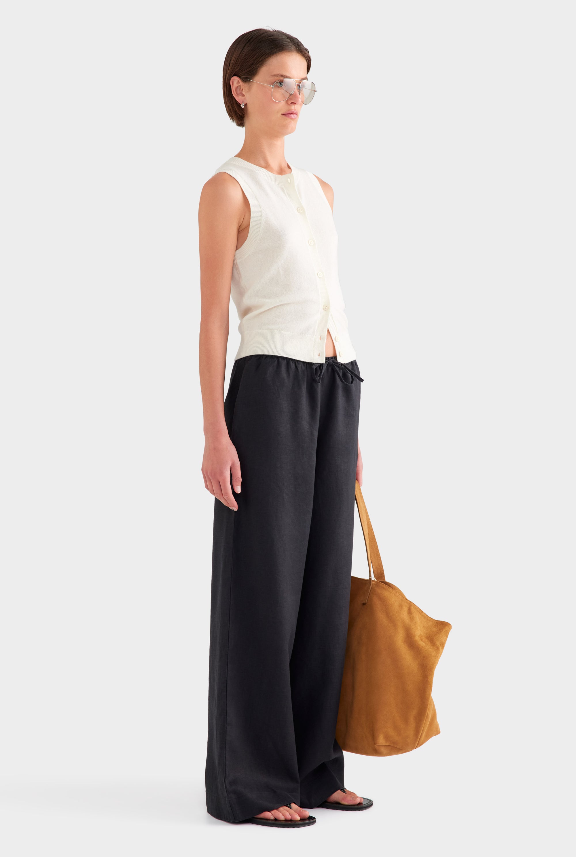 Heavyweight Wide Leg Linen Pant - Black