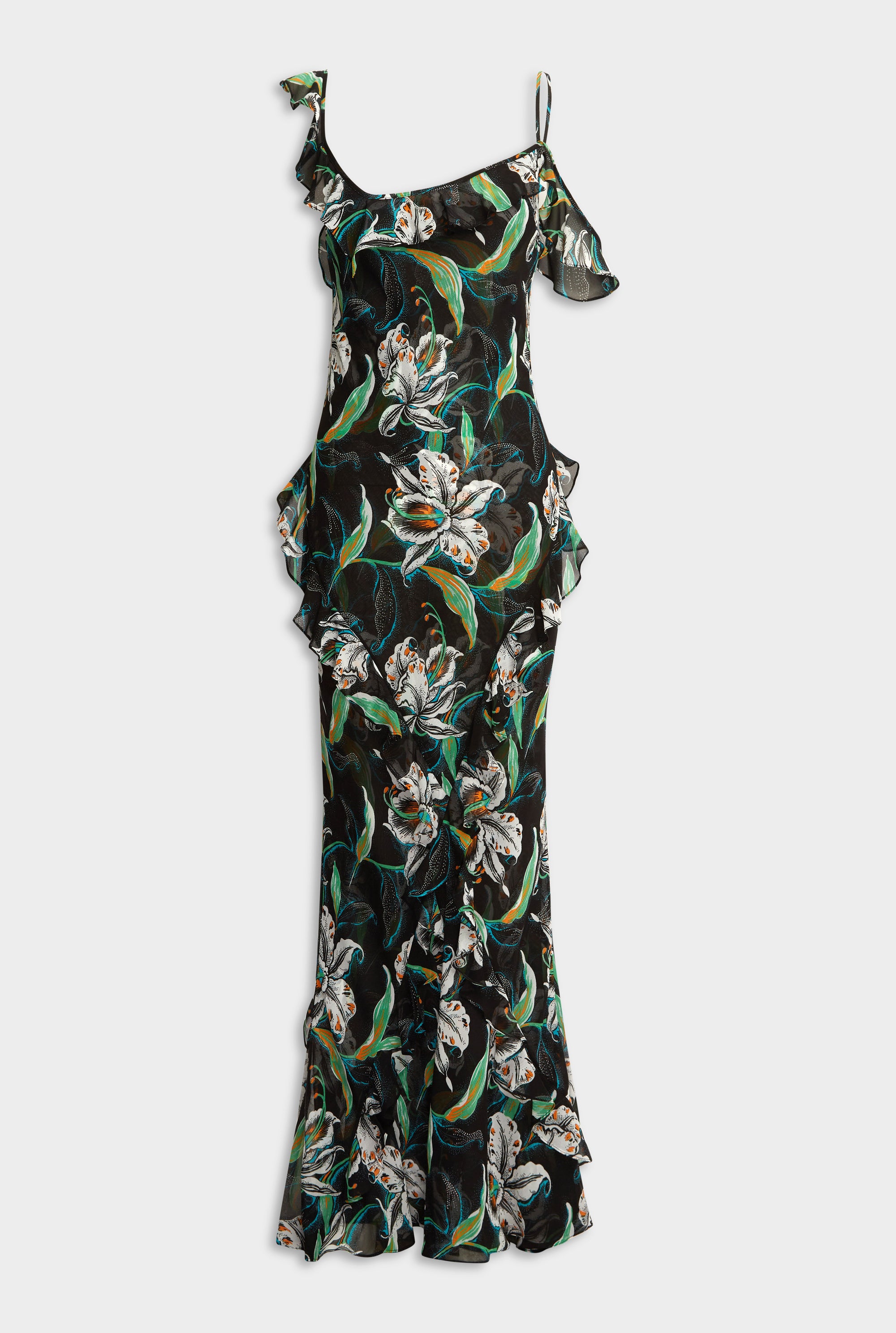 Asymmetric Low Back Silk Ruffle Dress - Black/White Lily