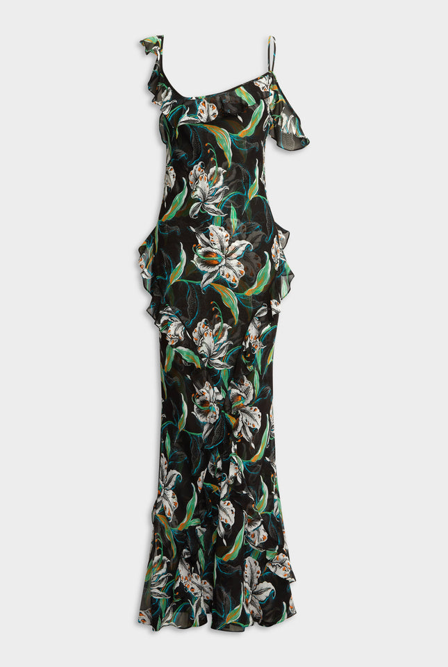 Asymmetric Low Back Silk Ruffle Dress - Black/White Lily