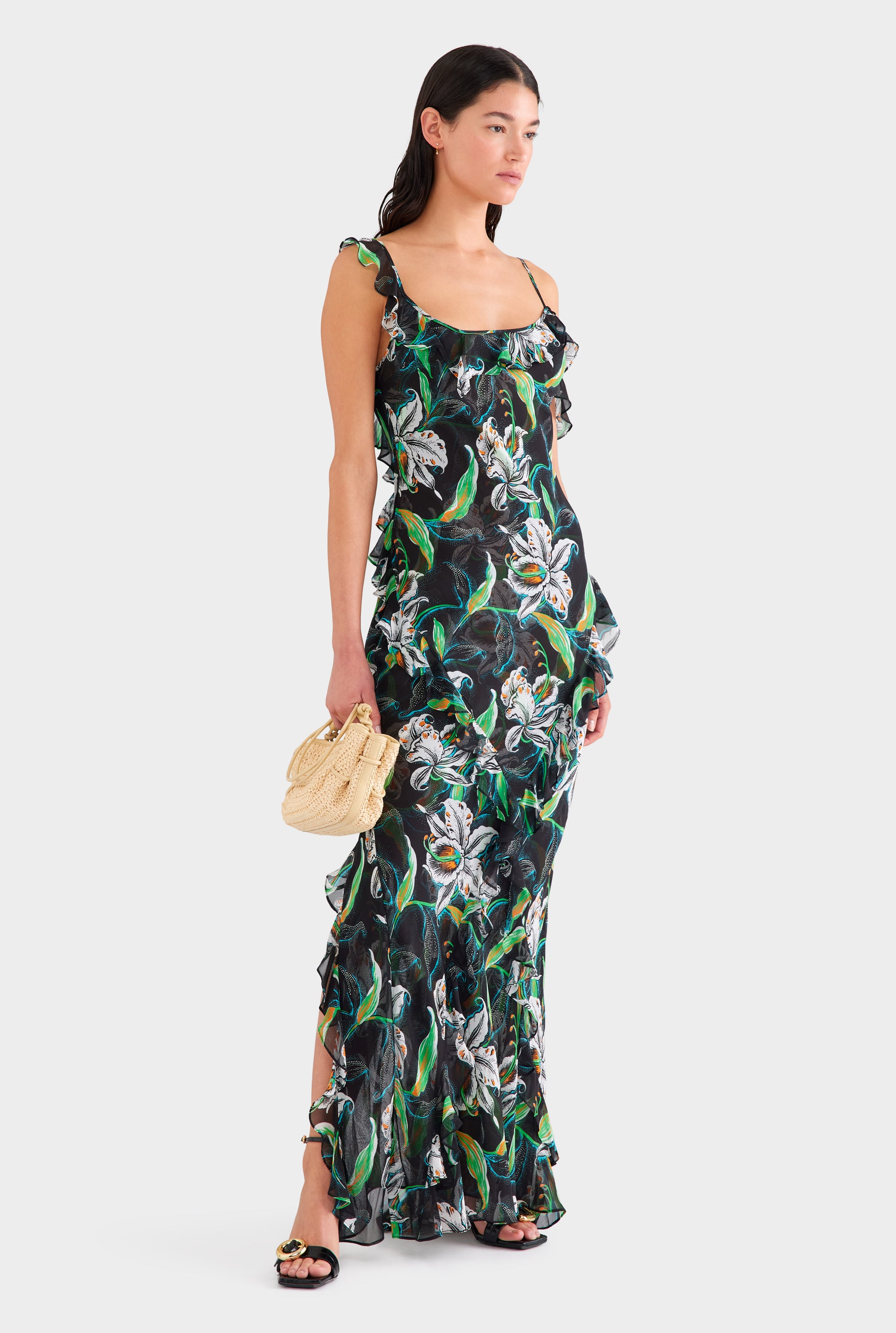 Asymmetric Low Back Silk Ruffle Dress - Black/White Lily