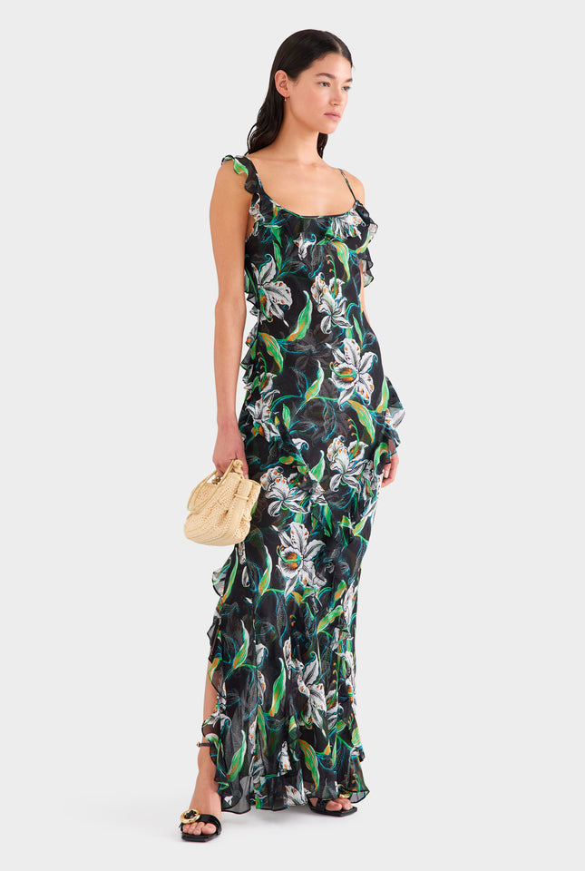 Asymmetric Low Back Silk Ruffle Dress - Black/White Lily