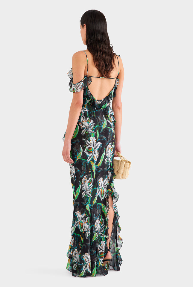 Asymmetric Low Back Silk Ruffle Dress - Black/White Lily