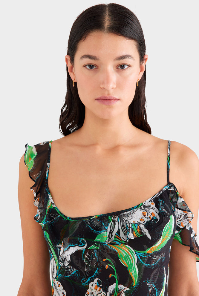 Asymmetric Low Back Silk Ruffle Dress - Black/White Lily