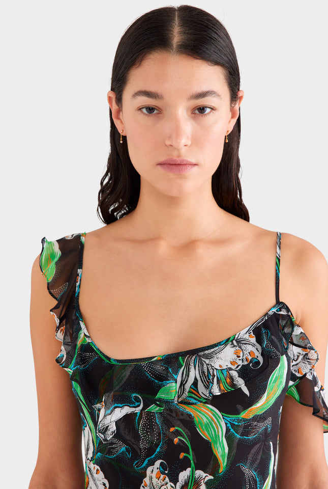 Asymmetric Low Back Silk Ruffle Dress - Black/White Lily
