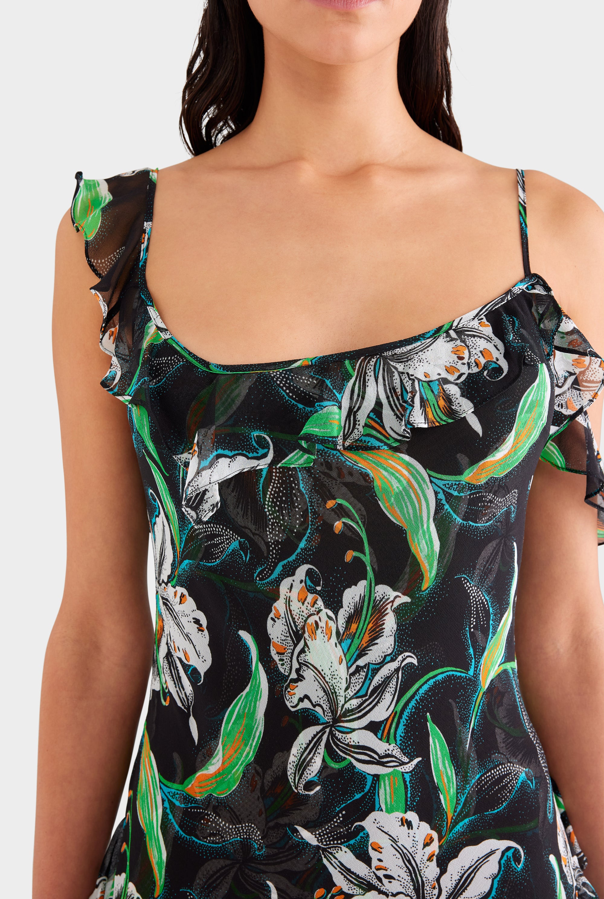 Asymmetric Low Back Silk Ruffle Dress - Black/White Lily