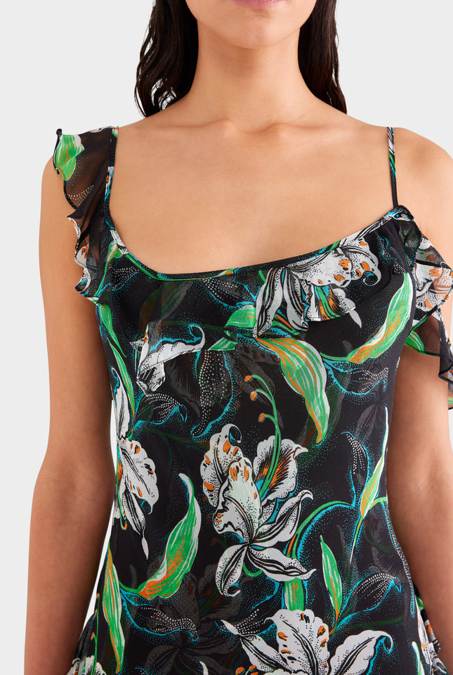 Asymmetric Low Back Silk Ruffle Dress - Black/White Lily