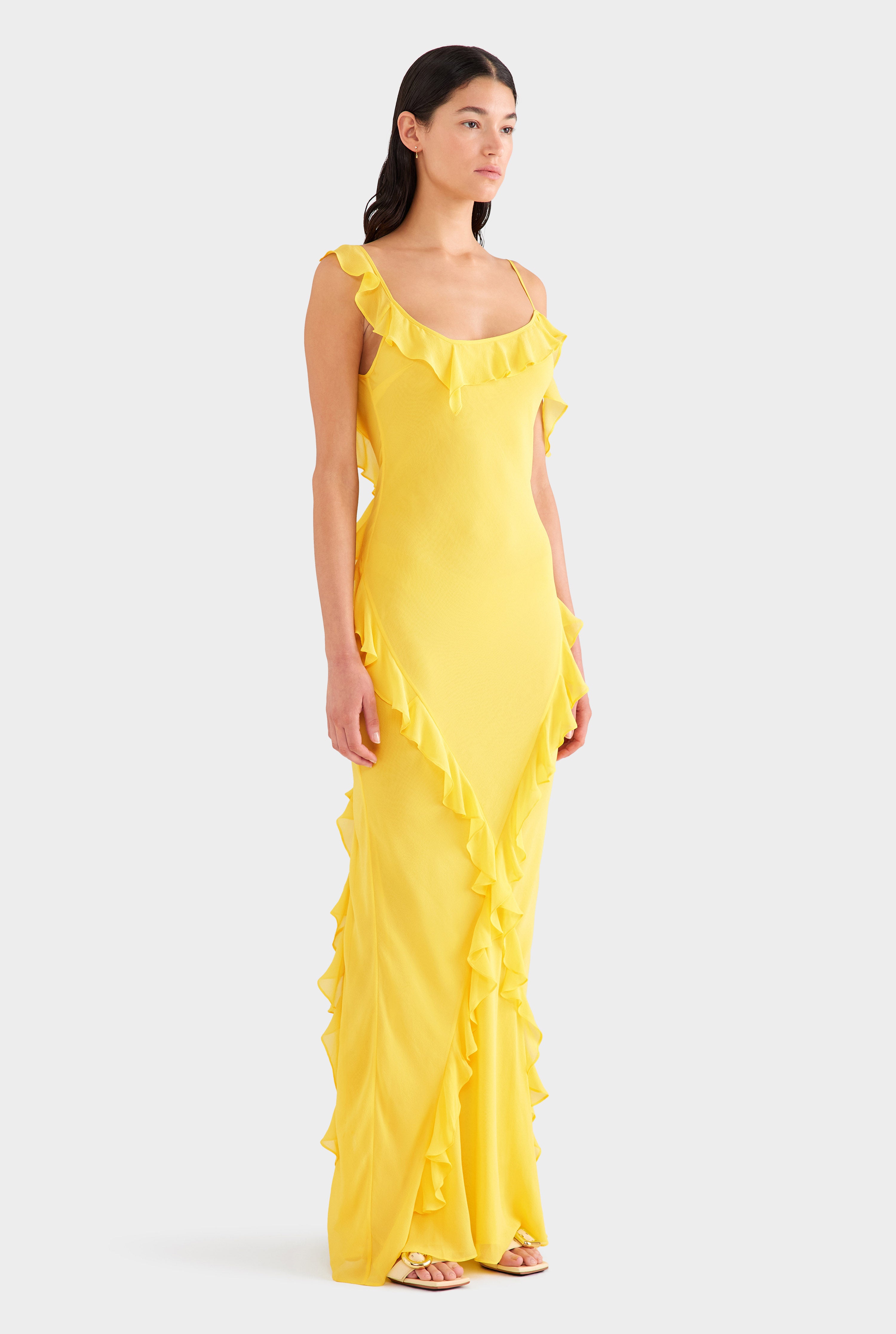 Asymmetric Low Back Silk Ruffle Dress - Yellow Gold