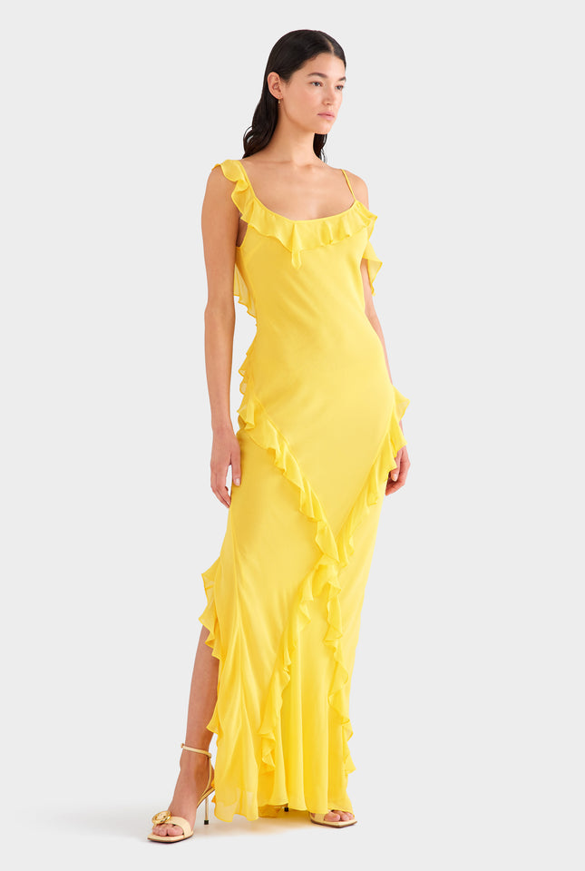 Asymmetric Low Back Silk Ruffle Dress - Yellow Gold
