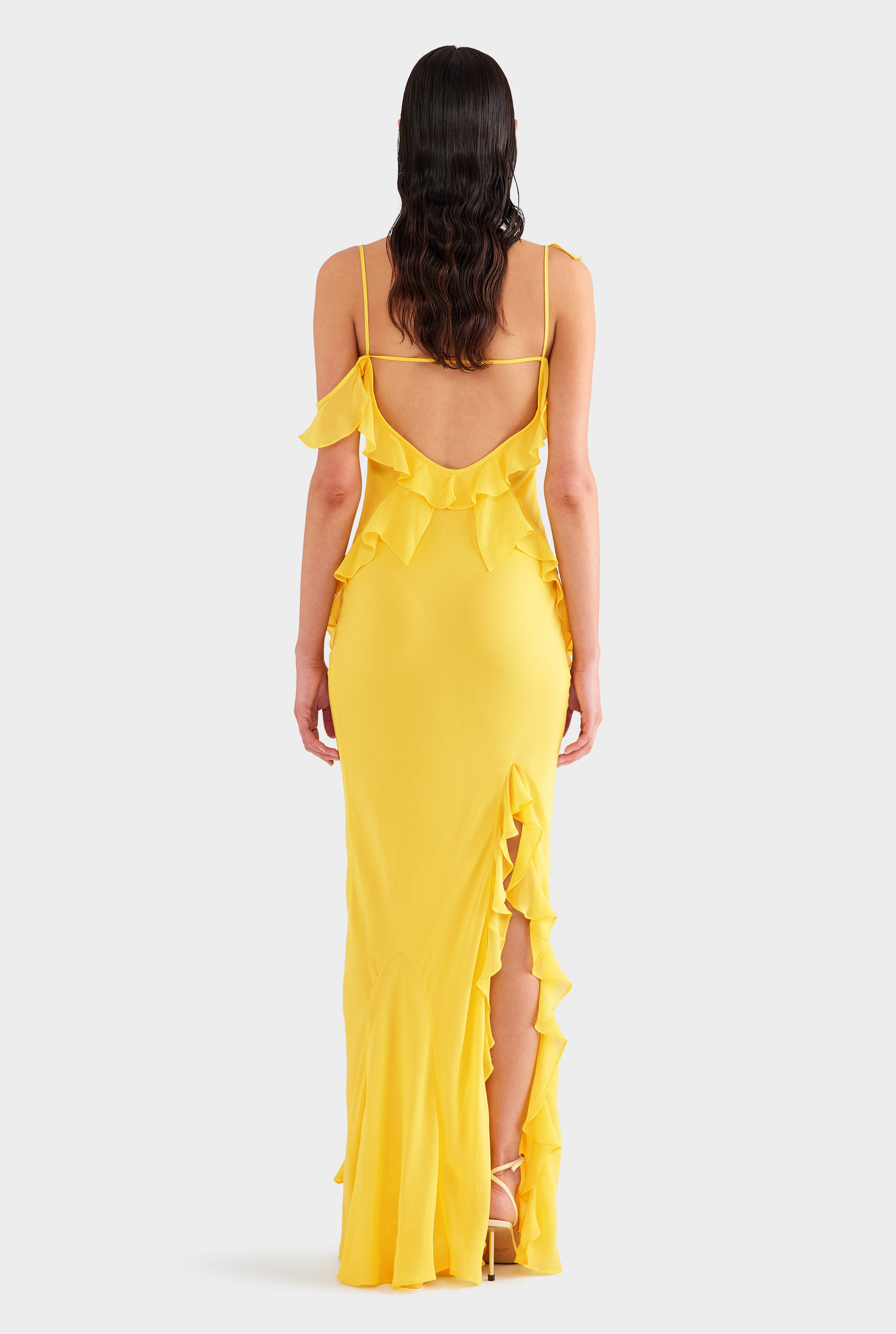 Asymmetric Low Back Silk Ruffle Dress - Yellow Gold