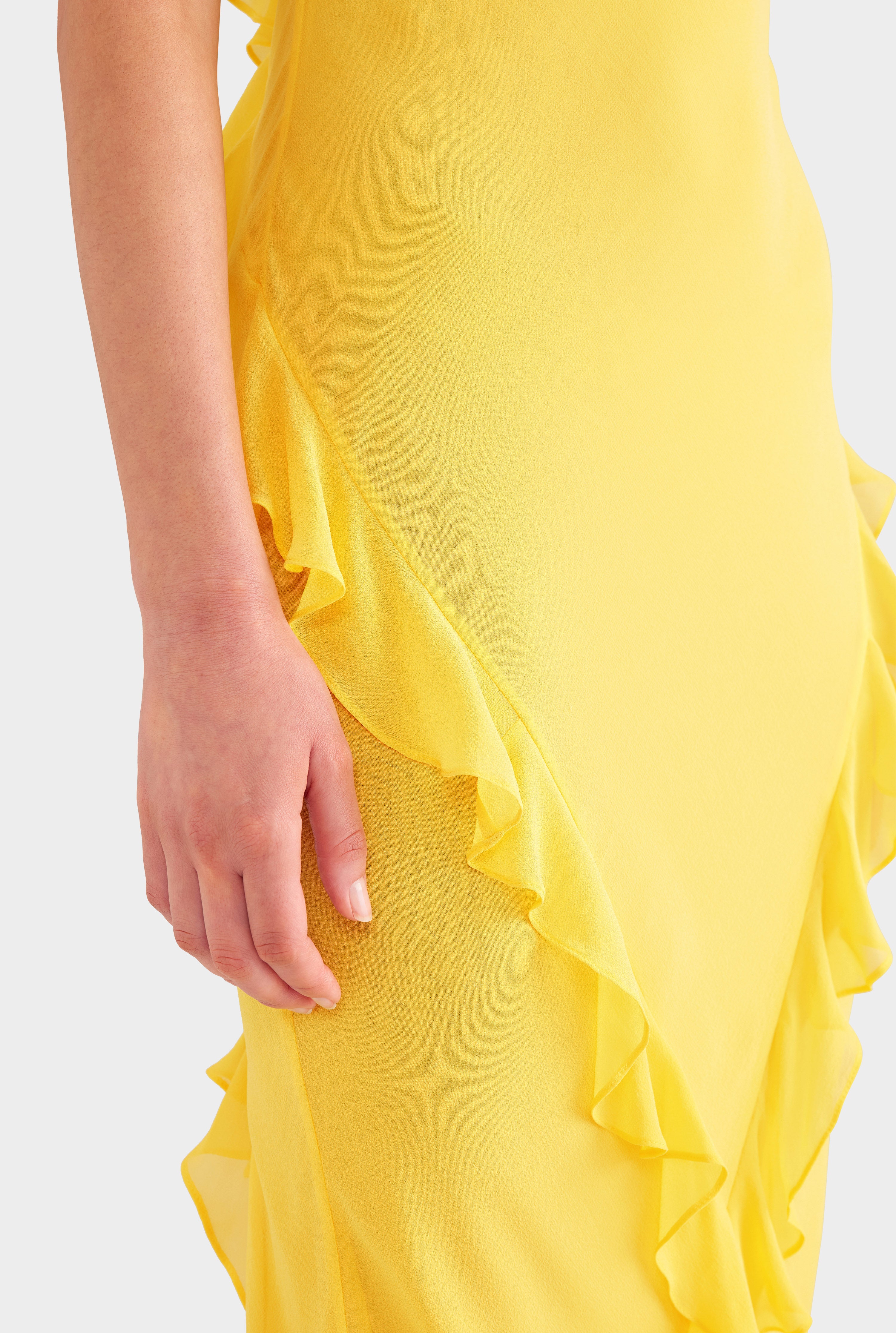 Asymmetric Low Back Silk Ruffle Dress - Yellow Gold