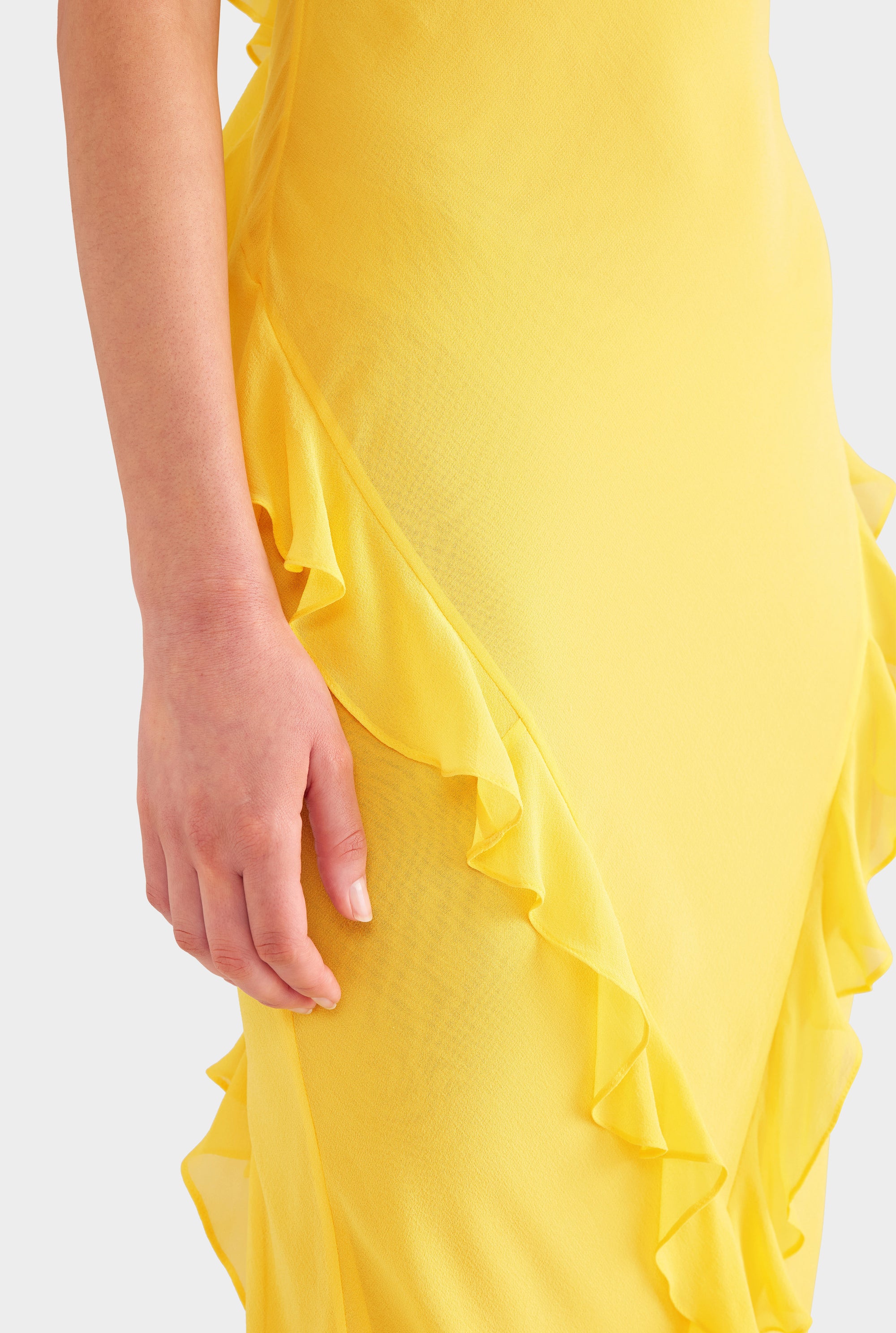 Asymmetric Low Back Silk Ruffle Dress - Yellow Gold