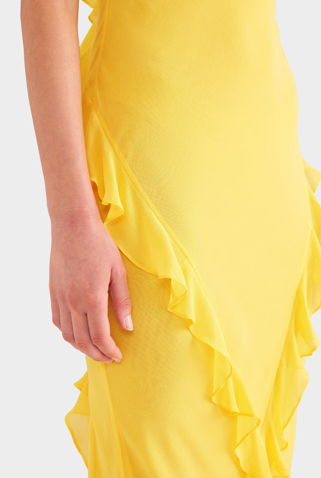 Asymmetric Low Back Silk Ruffle Dress - Yellow Gold