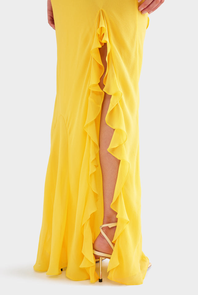 Asymmetric Low Back Silk Ruffle Dress - Yellow Gold