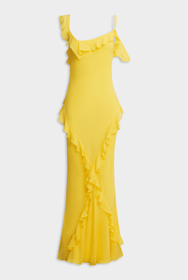 Asymmetric Low Back Silk Ruffle Dress - Yellow Gold