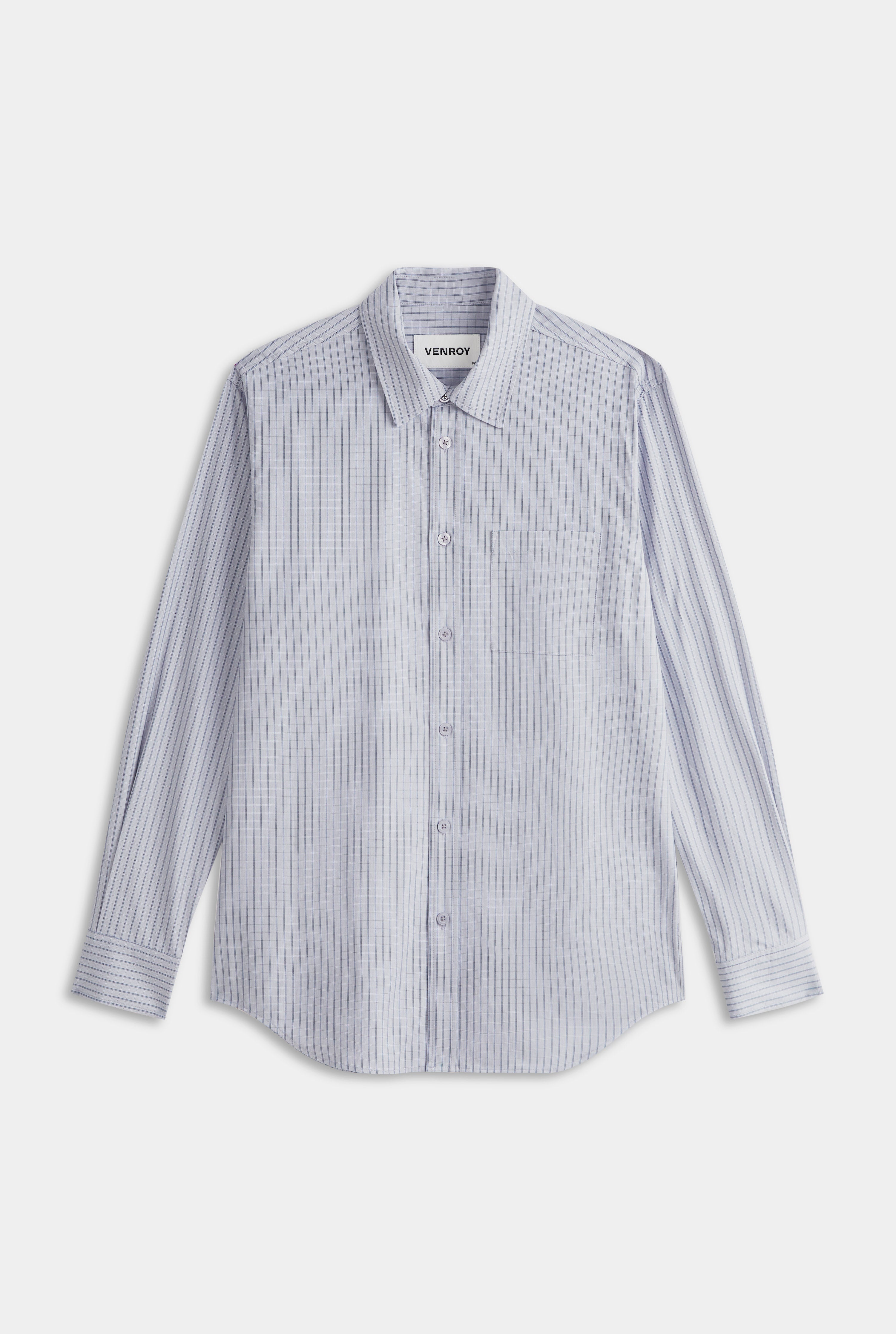 Classic Cotton Stripe Long Sleeve Shirt - Grey/Blue Check