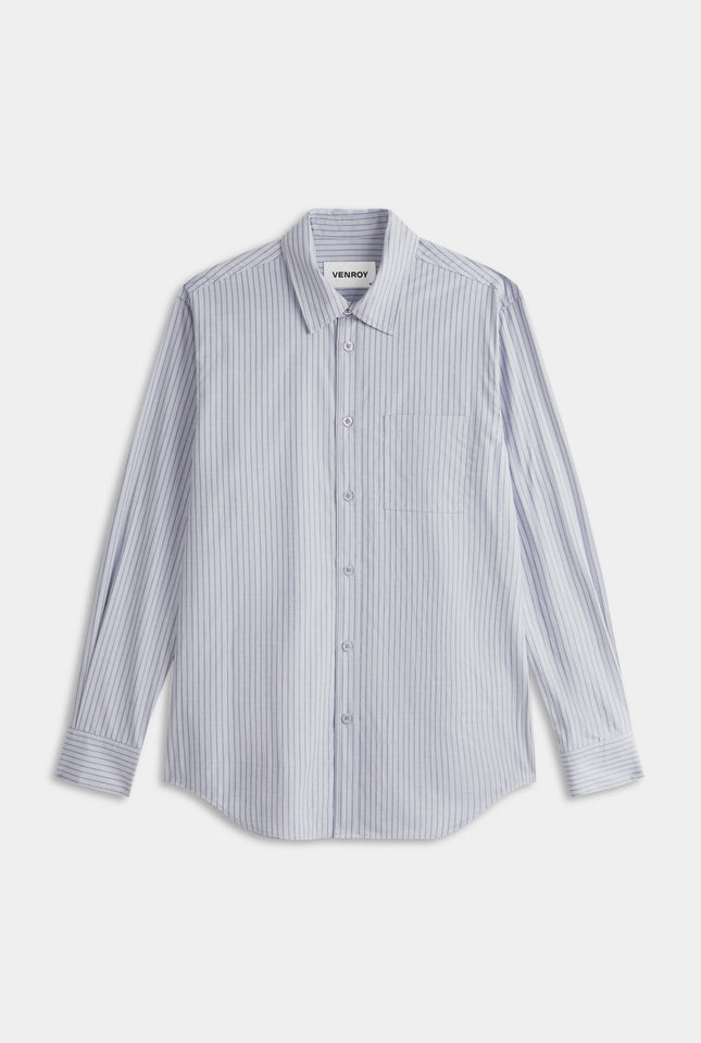 Classic Cotton Stripe Long Sleeve Shirt - Grey/Blue Check