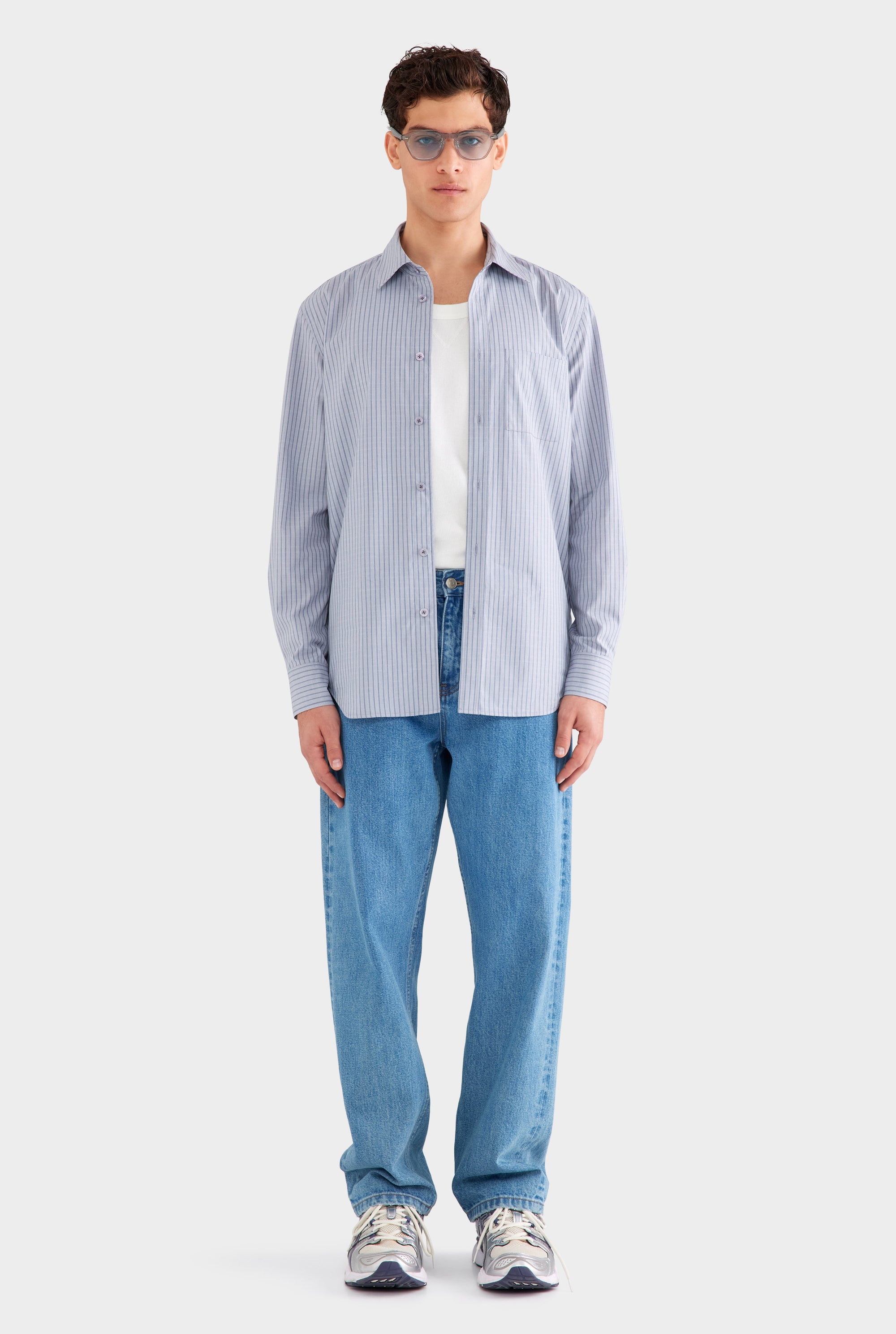 Classic Cotton Stripe Long Sleeve Shirt - Grey/Blue Check
