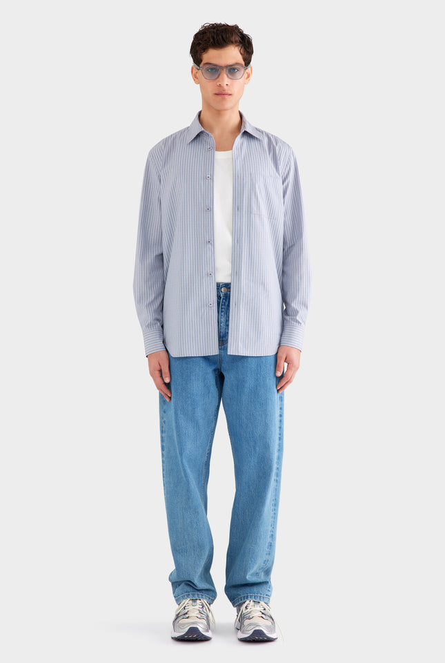 Classic Cotton Stripe Long Sleeve Shirt - Grey/Blue Check