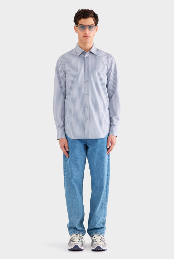 Classic Cotton Stripe Long Sleeve Shirt - Grey/Blue Check