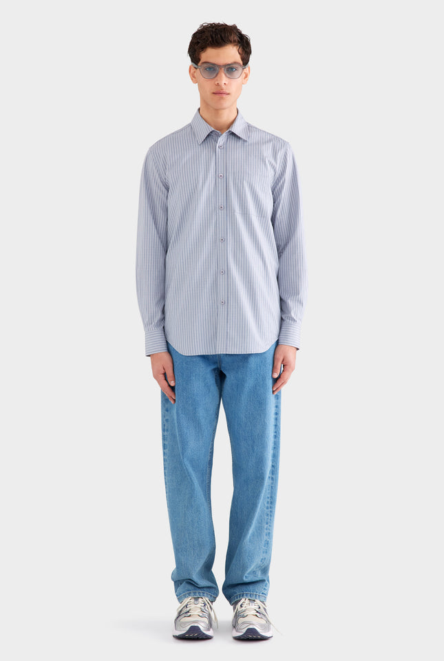 Classic Cotton Stripe Long Sleeve Shirt - Grey/Blue Check