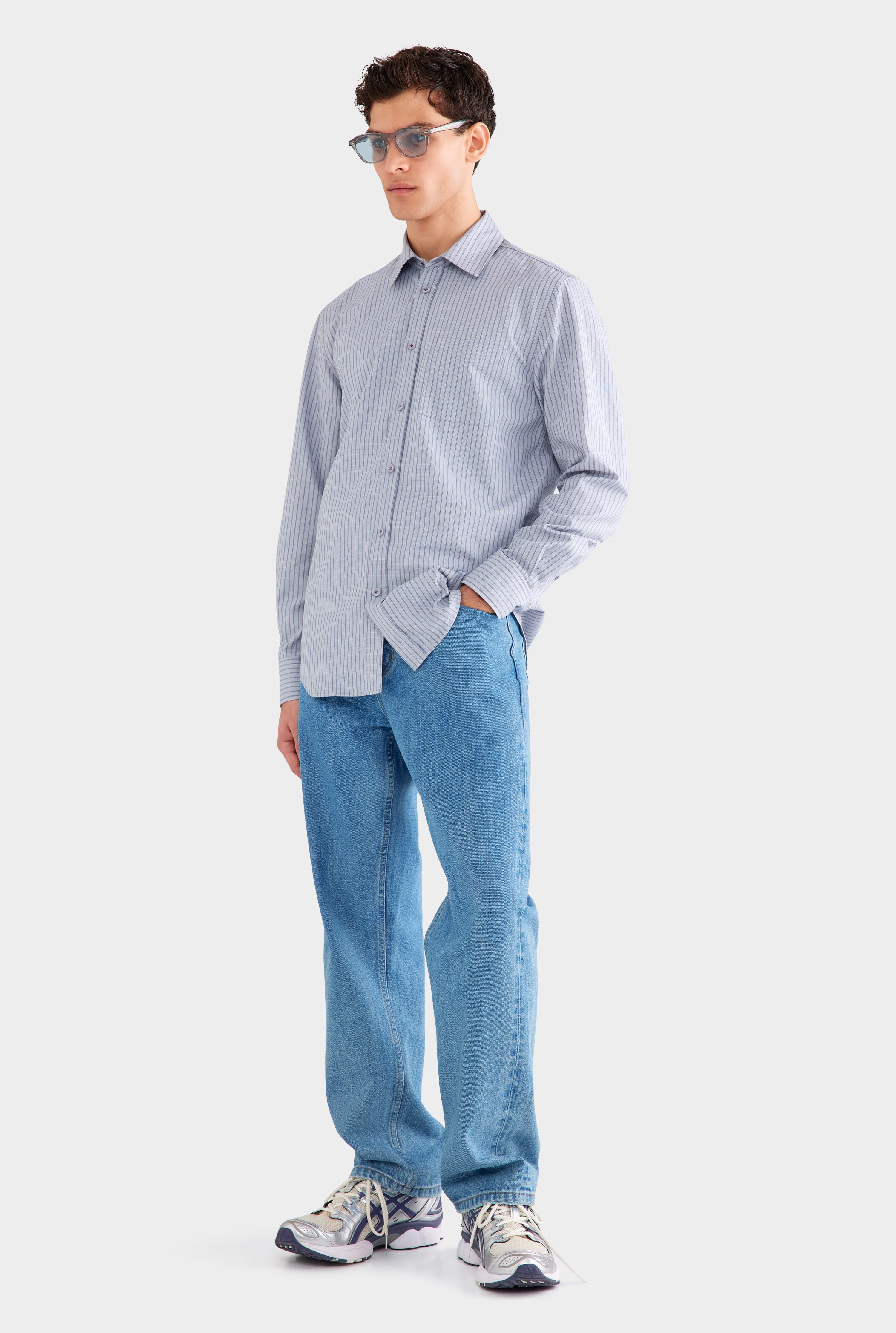 Classic Cotton Stripe Long Sleeve Shirt - Grey/Blue Check