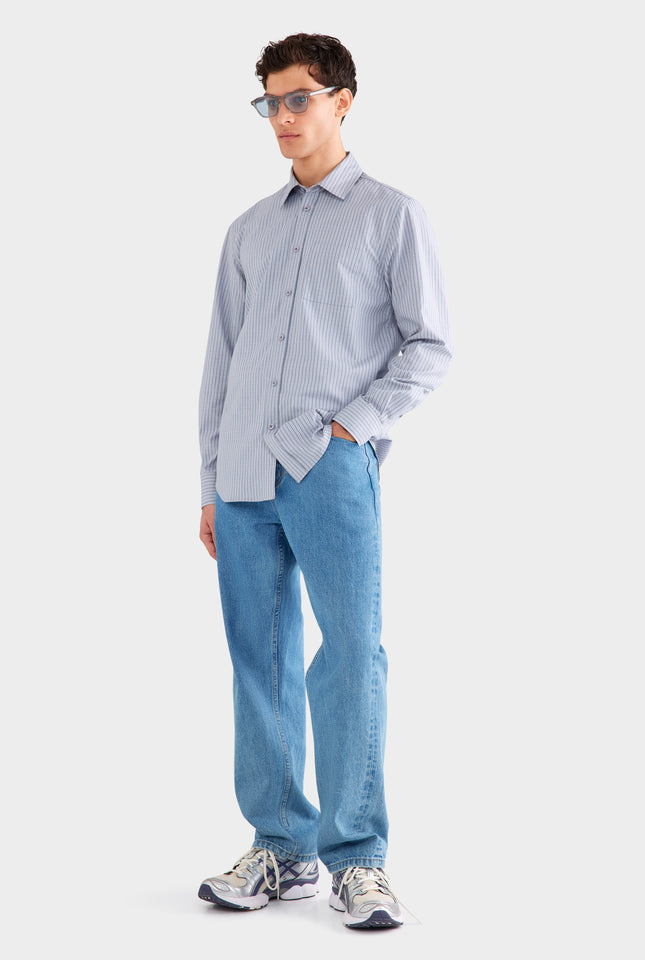 Classic Cotton Stripe Long Sleeve Shirt - Grey/Blue Check