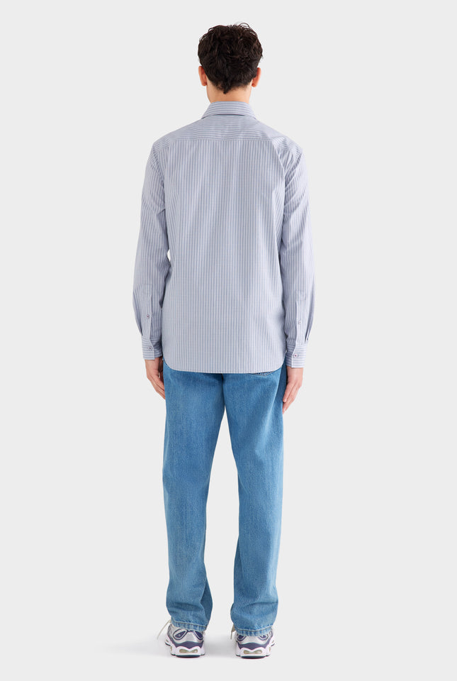 Classic Cotton Stripe Long Sleeve Shirt - Grey/Blue Check