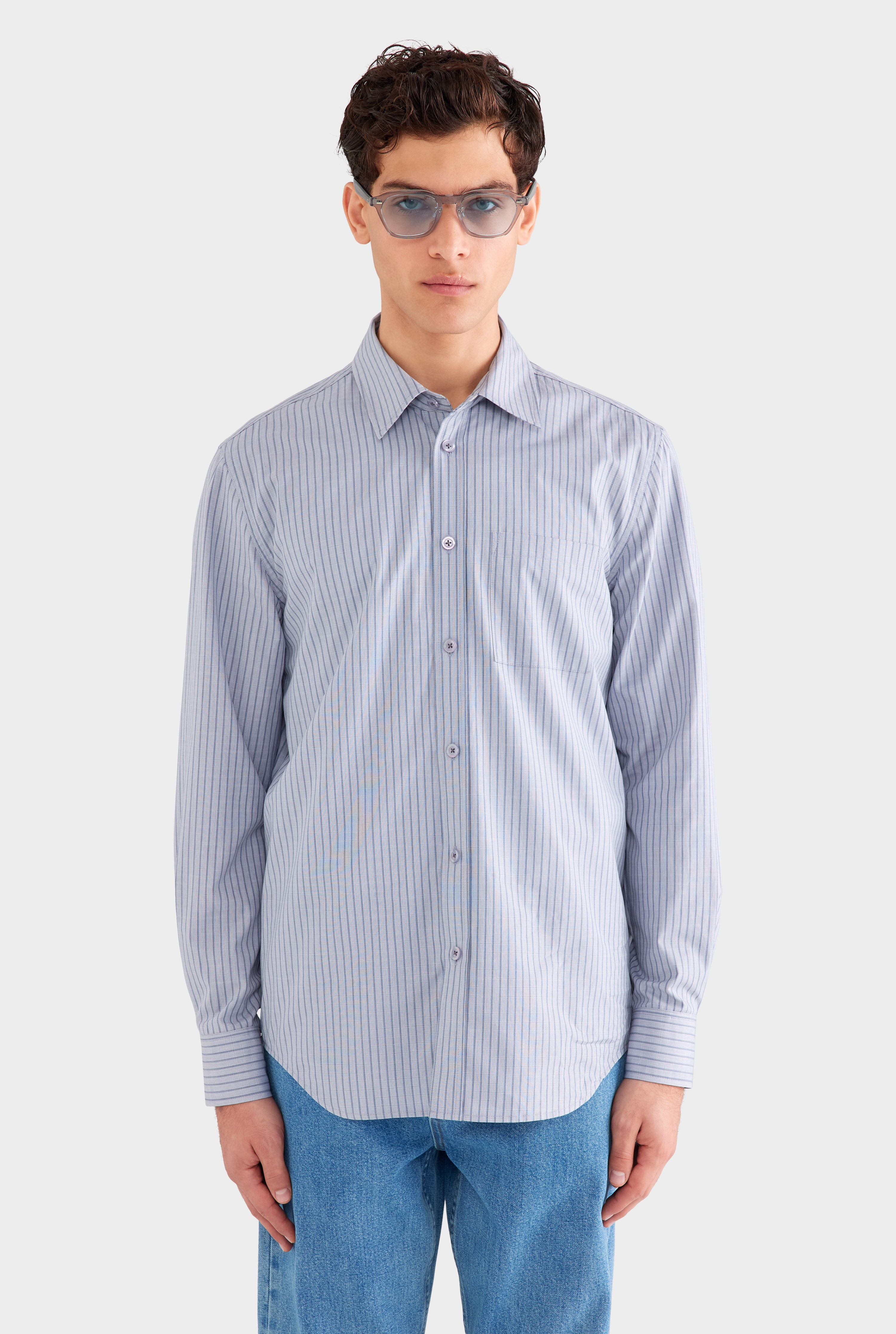 Classic Cotton Stripe Long Sleeve Shirt - Grey/Blue Check