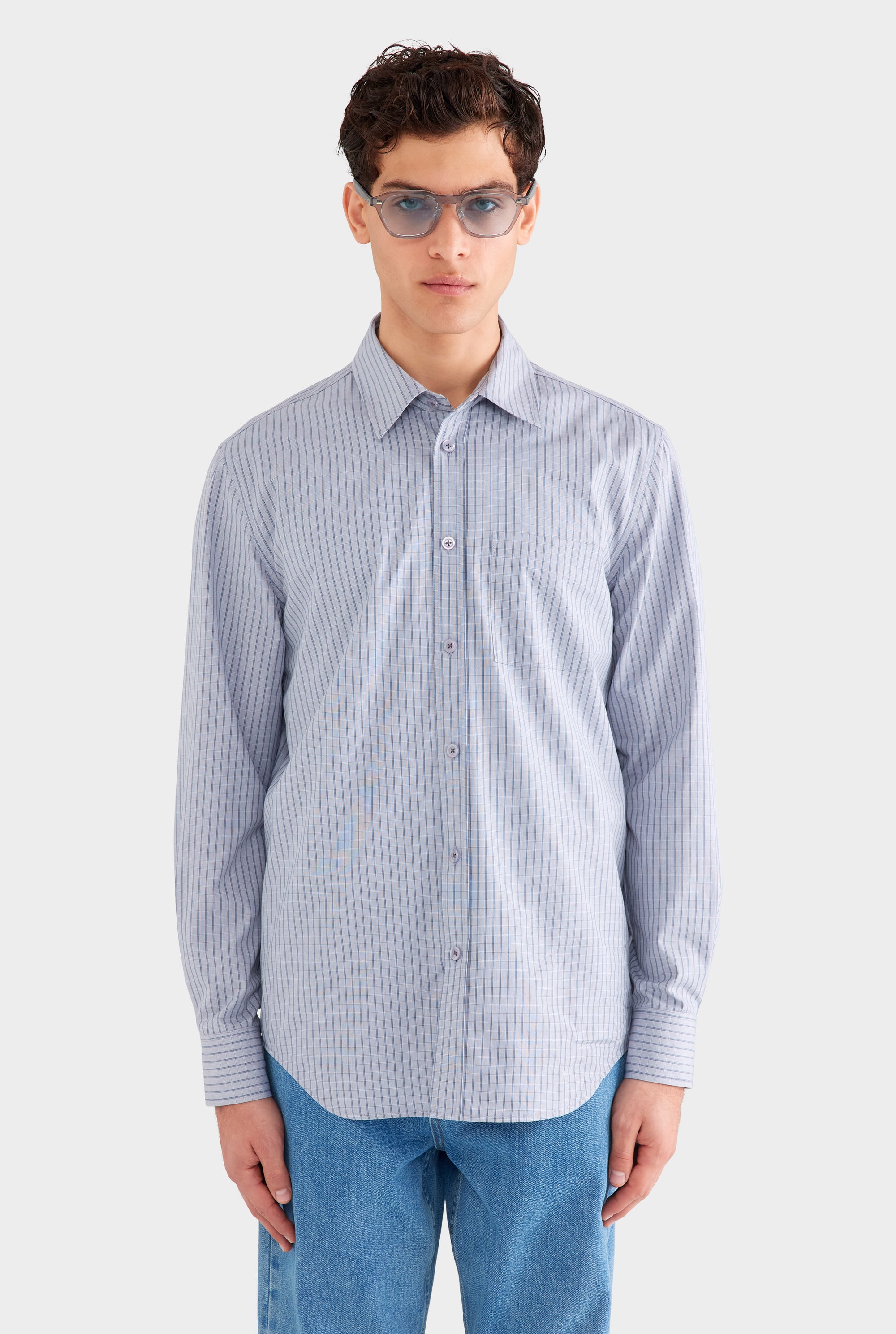 Classic Cotton Stripe Long Sleeve Shirt - Grey/Blue Check