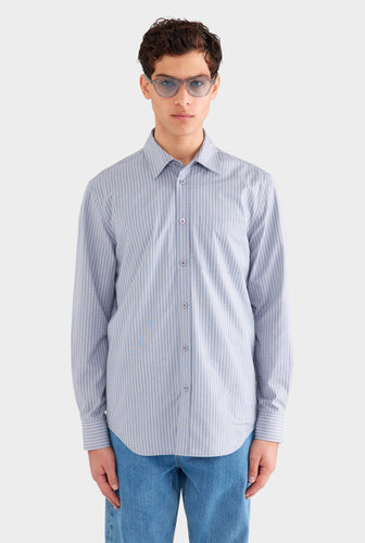 Classic Cotton Stripe Long Sleeve Shirt - Grey/Blue Check
