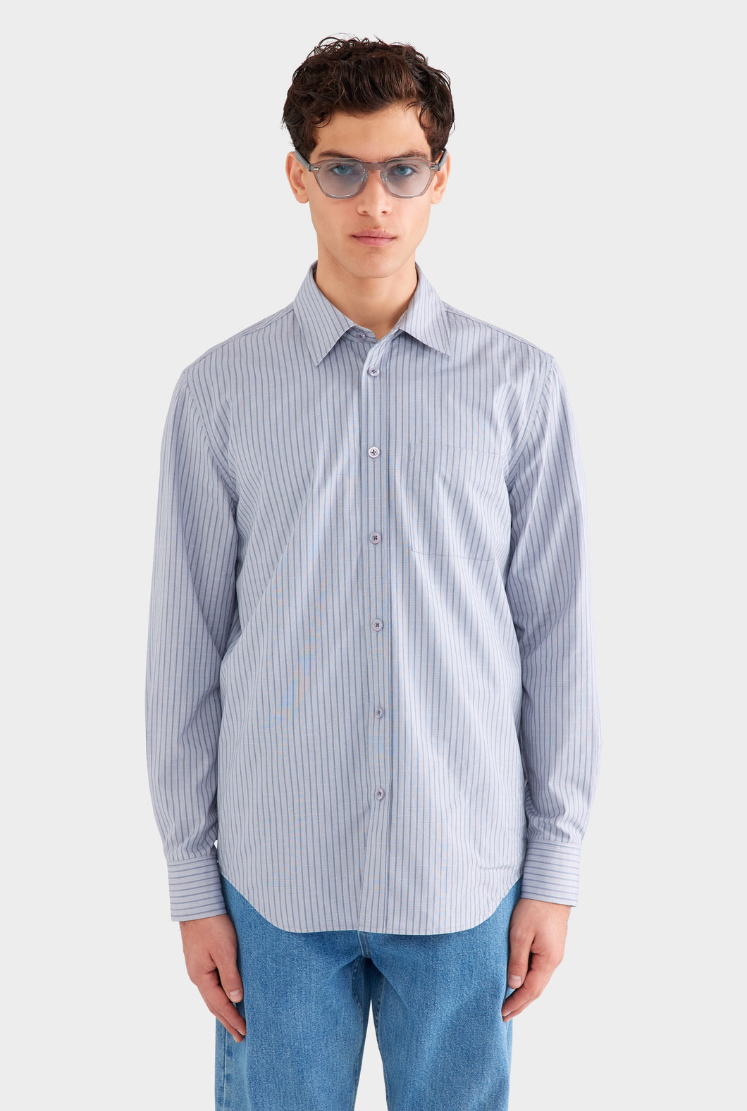 Classic Cotton Stripe Long Sleeve Shirt - Grey/Blue Check