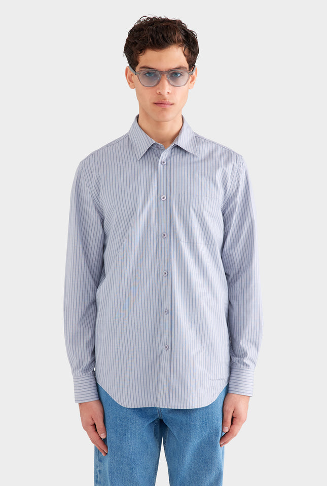 Classic Cotton Stripe Long Sleeve Shirt - Grey/Blue Check